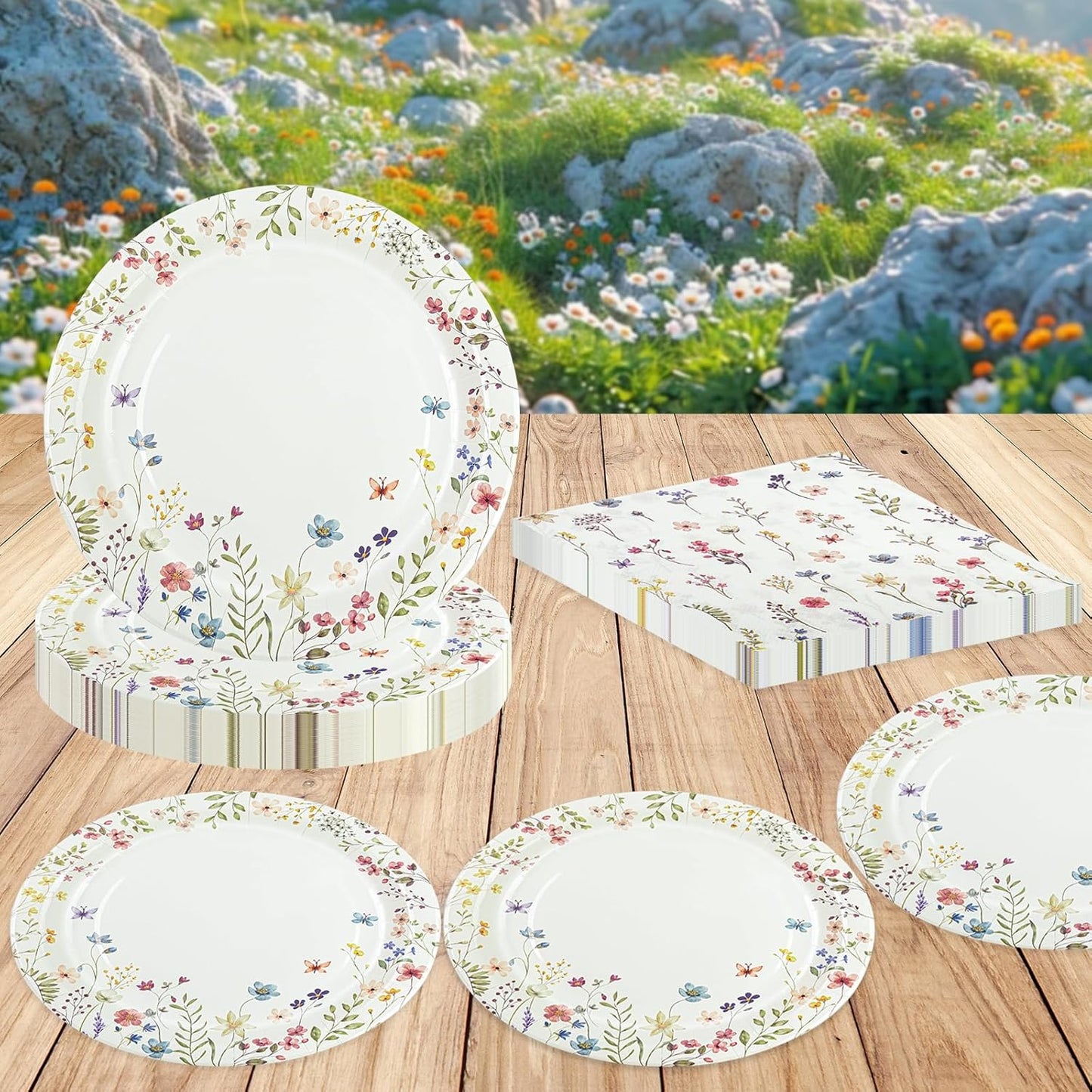 40 pcs Spring Wildflower Pary Paper Plates and Napkins Disposable Flower 9 inch 20 pcs Dessert Party Plates & 20 pcs Napkins Tableware for Fruit Cake Party Decorations