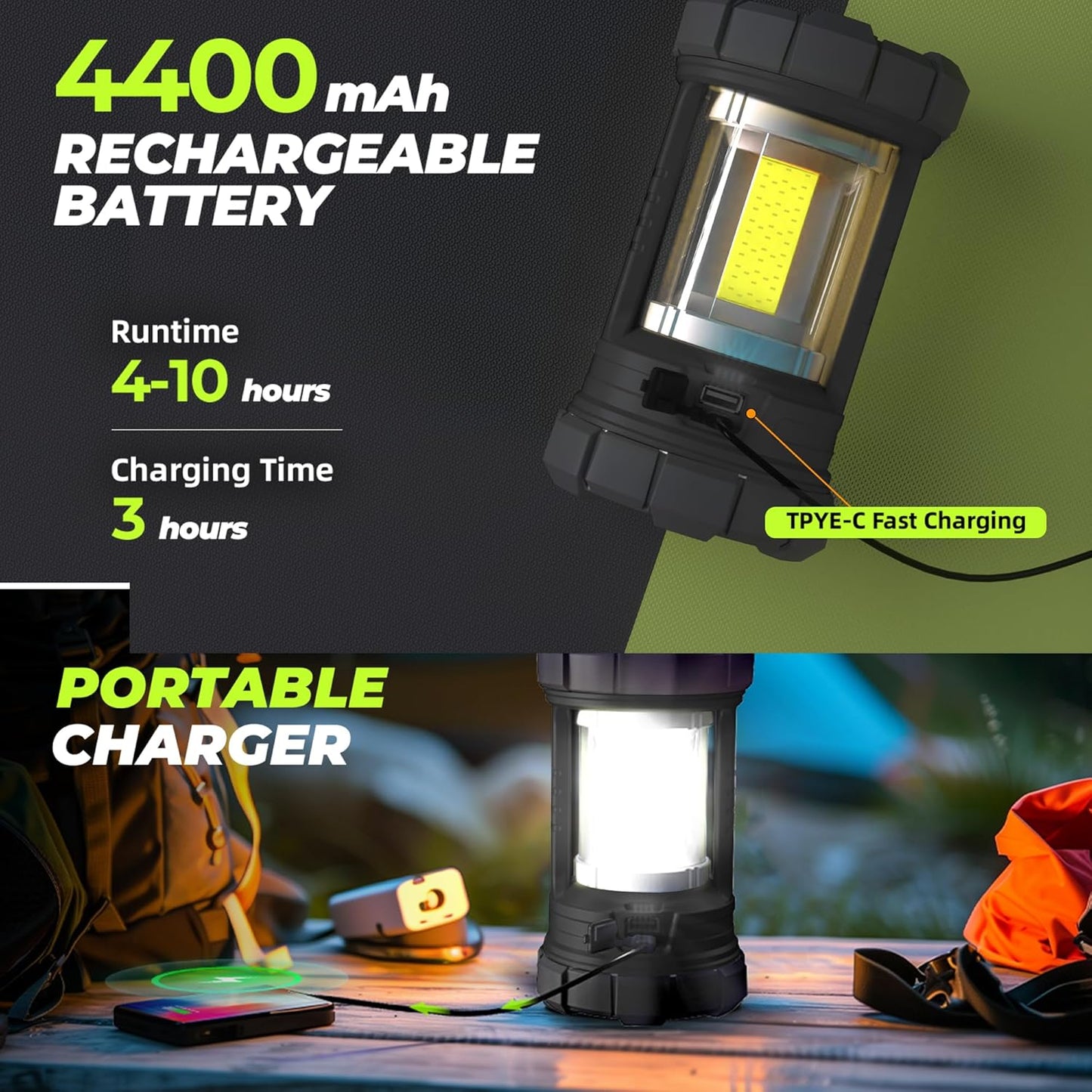 Rechargeable Camping Lantern, 3000LM 5 Light Modes Camping Light 4400 Capacity Phone Charger LED Impact-Resistant Flashlight Lantern Portable Waterproof Hurricane Lanterns for Emergency(Black)