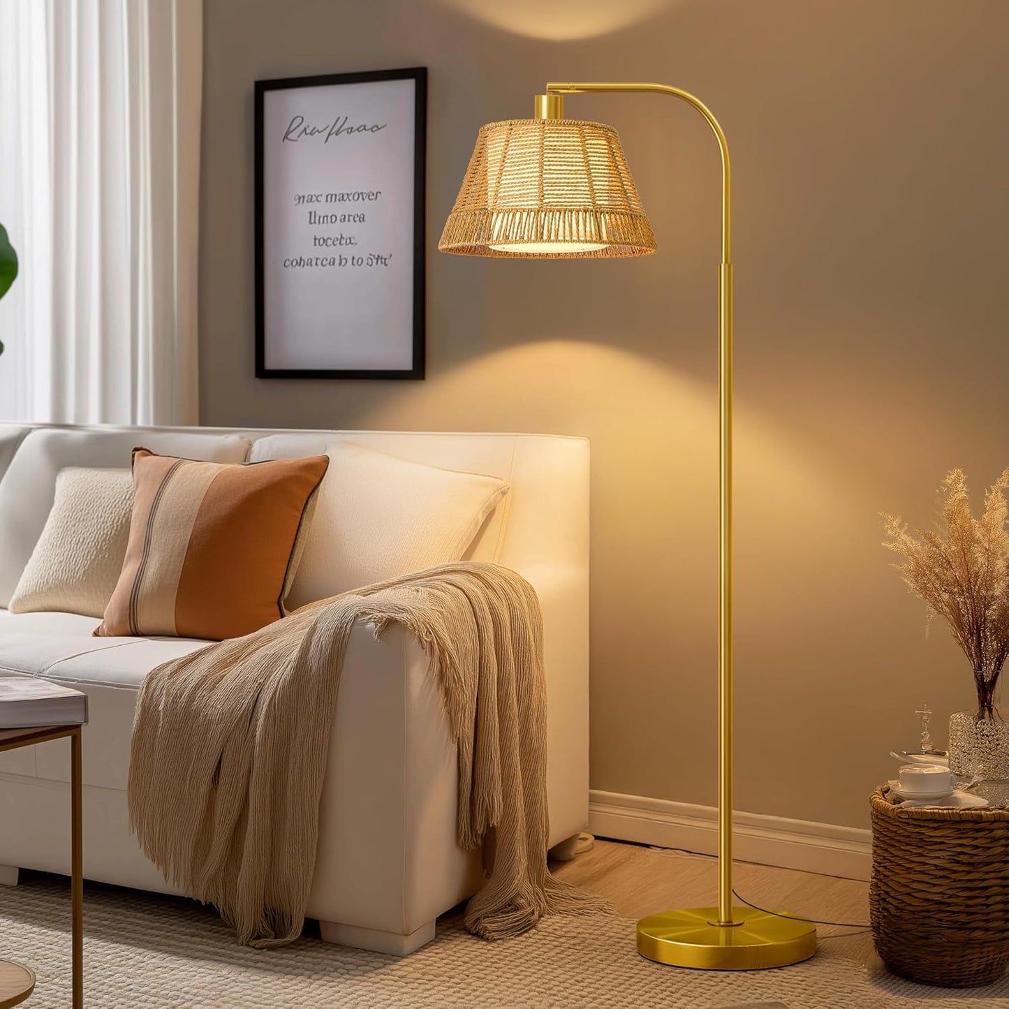 Oneach Arc Floor Lamp for Living Room,Rattan Boho Floor Lamp with Hand-Woven Wicker & Fabric Shade, Foot Switch,Gold Metal Base & Pole,Farmhouse Standing Lamp for Bedroom Corner,Office,Reading