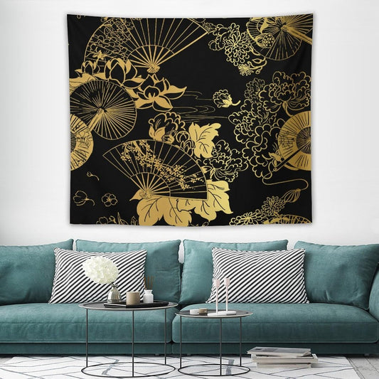 HZOHNAGO Japanese Tapestry Gold Flowers Umbrella Fan Pattern Printed Wall Tapestry Painting Wall Hanging for Bedroom Living Room Dorm 60" W x 50" H