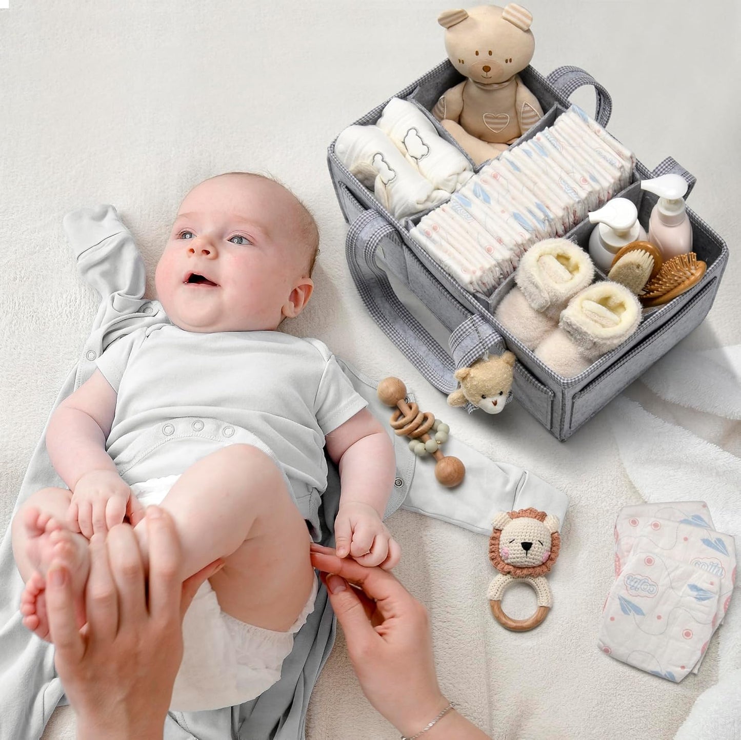 PeraBella Diaper Caddy Organizer with Handle, Baby Shower Gifts Basket Bag, Registry Search Must Haves Items, Nursery Storage Organizer for Newborn Girl Boy, Baby Bag Essentials, Car Diaper Caddy Cart