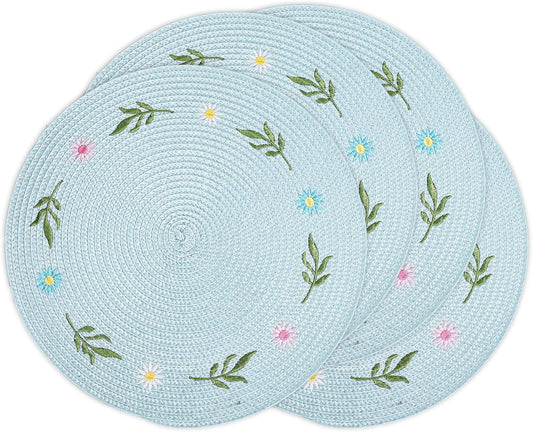Whaline 4Pcs Round Daisy Placemats Spring Flower Embroidered Place Mats Greenery Floral Dinner Table Mats for Home Holiday Wedding Bridal Baby Shower Birthday Party Decor
