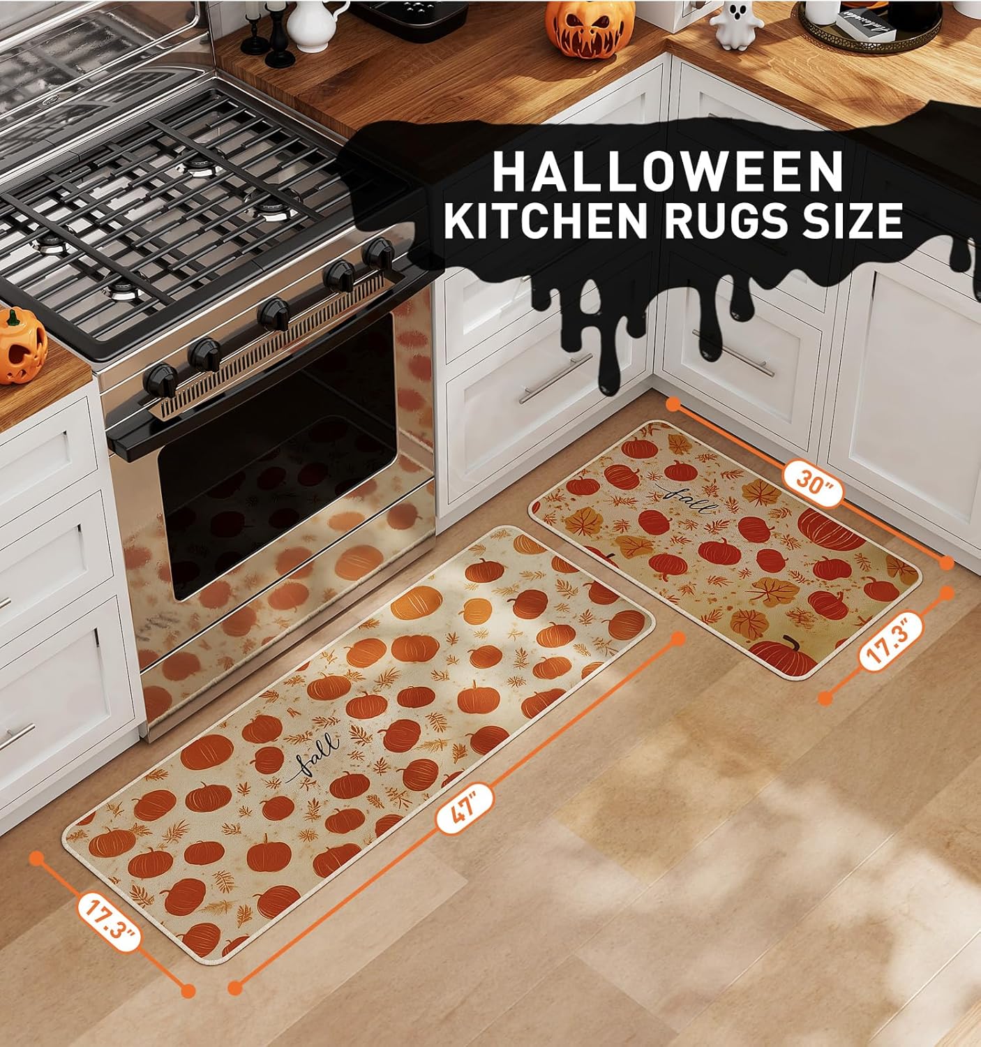 Halloween Kitchen Mat Set of 2, Pumpkin Kitchen Halloween Decor, Fall Decorations for Home, Halloween Rug for Floor,Indoor Home Decor with Non-Slip Backing,17 x 29 Inch & 17 x 47 Inch