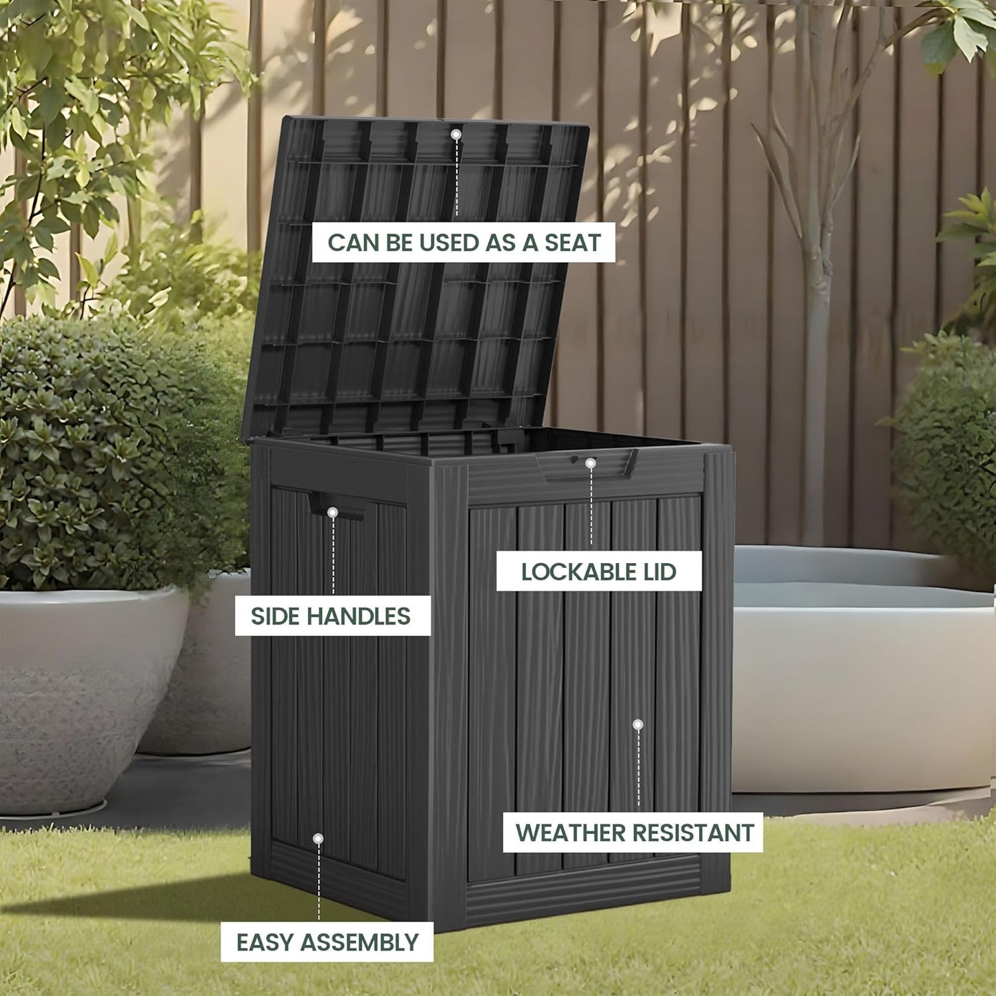 28 Gallon Outdoor Storage Box, Waterproof Durable Resin Deck Box for Indoor & Outdoor Use, Lockable Outdoor Bench, Deck Bin for Patio Furniture, Deliveries, Pool Supplies, Black