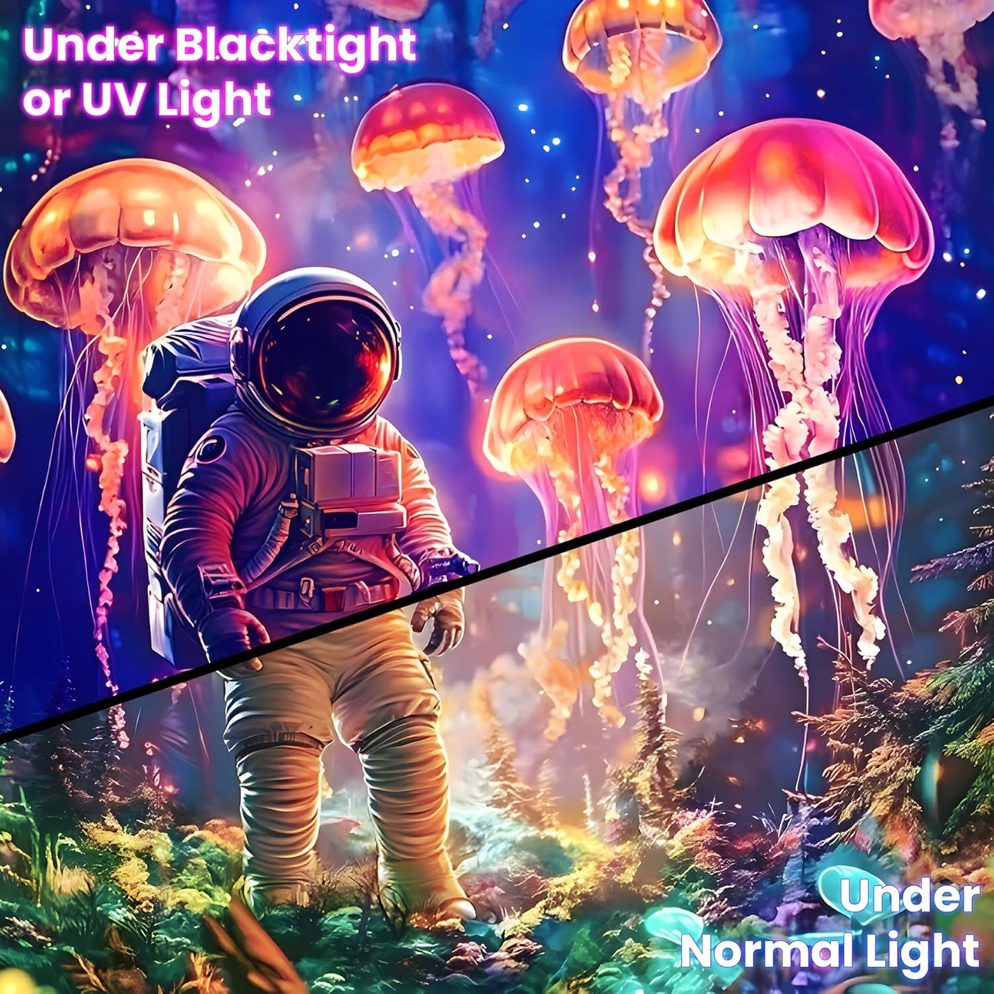 BVBOX Astronaut Blacklight Tapestry 79"x59", UV Reactive Astronaut Jellyfish Underwater World Glow in Dark Tapestries, Black Light Neon Upright Poster Wall Hanging Backdrop Decor for Bedroom Living Room