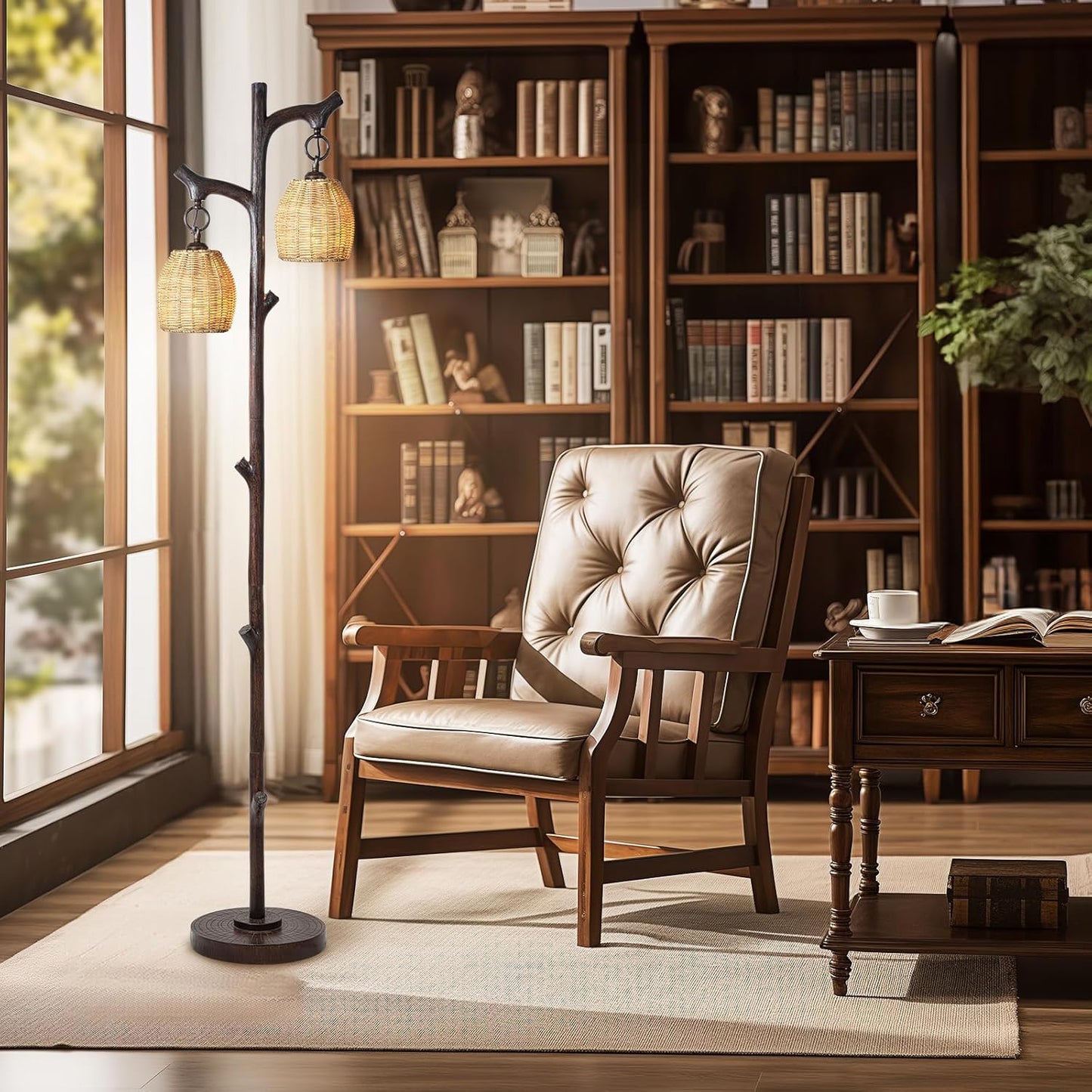 68" High Farmhouse Rustic Country Cottage Floor Lamp Tree Trunk Faux Wood Column Dark Bronze Wicker Drum Shade Decor for Living Room Bedroom Reading Room