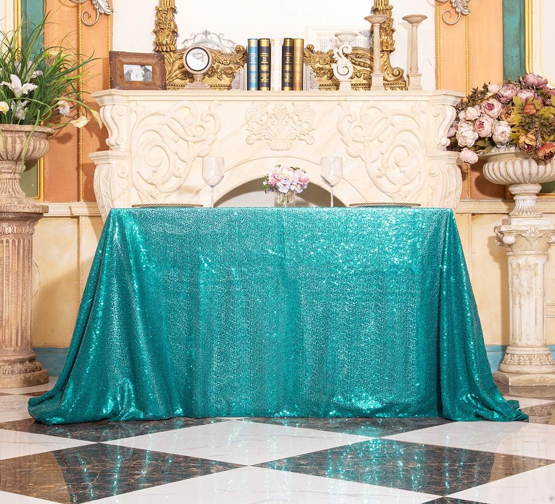 SquarePie Sequin Tablecloth 50 x 72 Inch Teal Sparkly Table Linen for Wedding Party