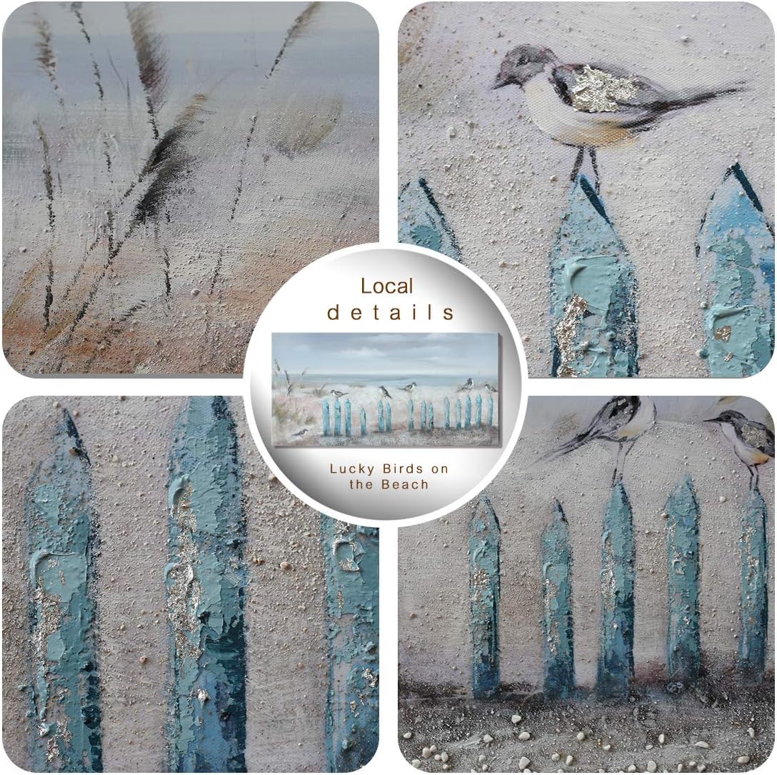 amatop Ocean Beach Wall Art 3D Framed Hand-Painted Seascape Oil Painting Perching Bird Canvas Artwork 'The Tranquility by The Sea Shore' for Living Room Bedroom Decor Coastal Blue