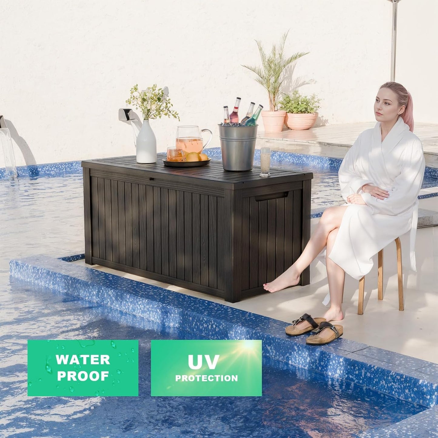 180 Gallon Outdoor Deck Box,Storage Lockable Waterproof Patio Furniture,Garden Tools,Cushions,Pool Accessories Outside Storage Resin Box(Black)