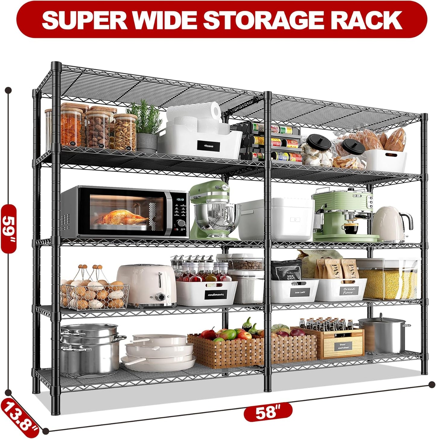 REIBII 5 Tier Wire Shelving Storage Shelves Loads 1430LBS, 58" W Metal Shelving Unit for Storage Adjustable Heavy Duty Garage Shelving Pantry Shelves Kitchen Shelving, Black, 2 Pack