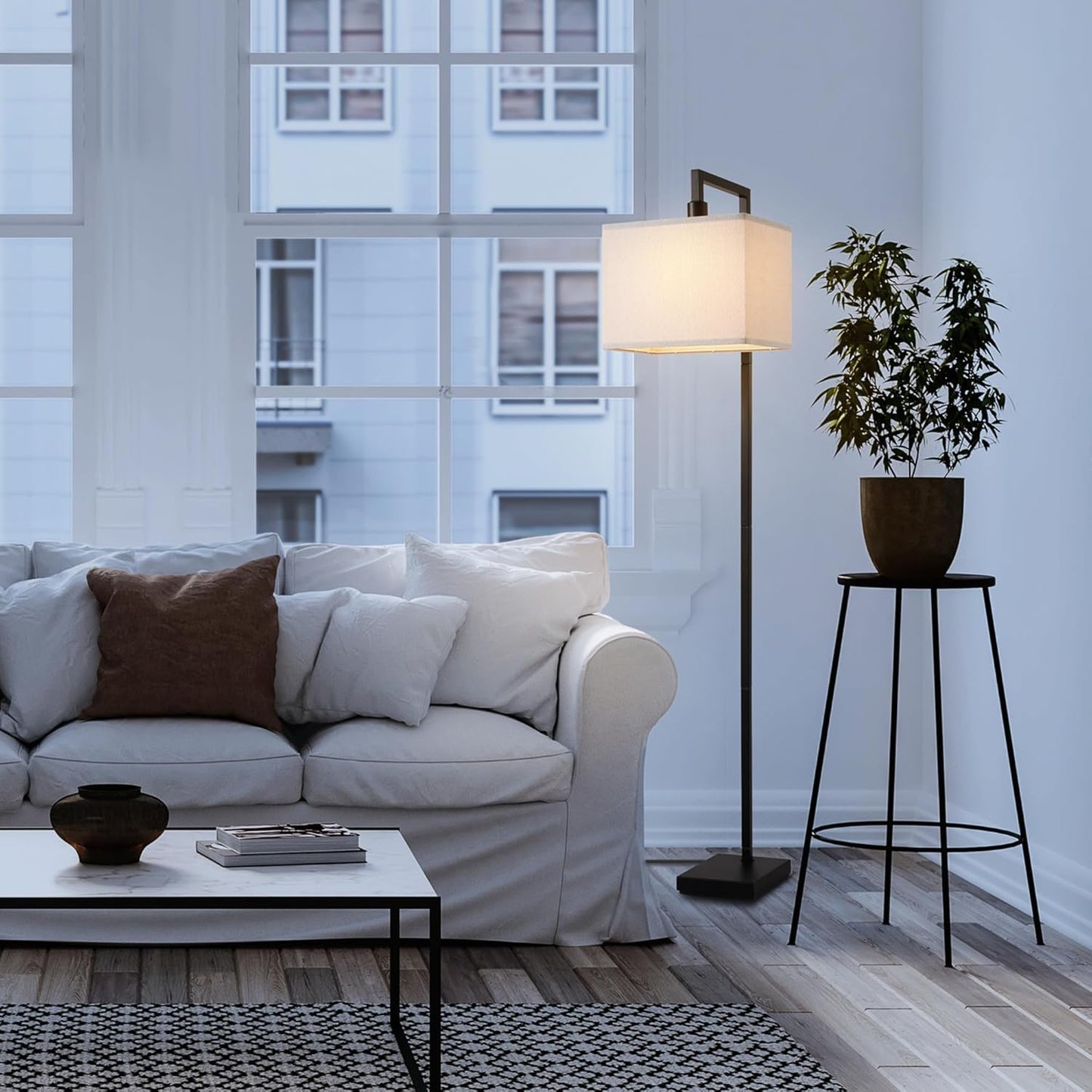 Globe Electric 61000052 60" Floor Lamp, Matte Black, Square White Fabric Shade, On/Off Rotary Switch on Socket, Square Rod, Reading Lamp, Home Office Accessories, Home Décor, Home Improvement