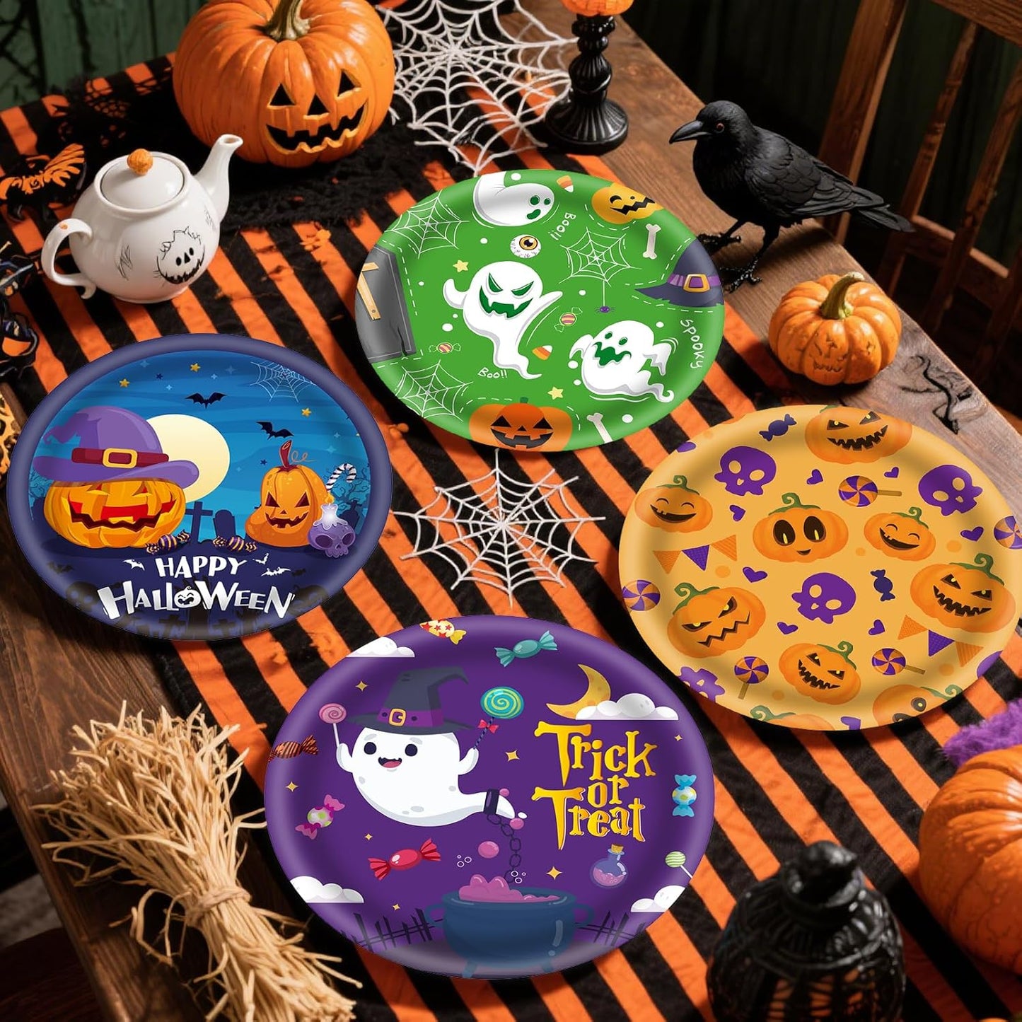 48Pcs Halloween 7inch Paper Plates - Pumpkin Ghost Spooky Dessert Plates for Cake Salad Fruit Disposable Cute Dinner Plates for Halloween Kids Trick or Treat Party Decoration, 4 Styles