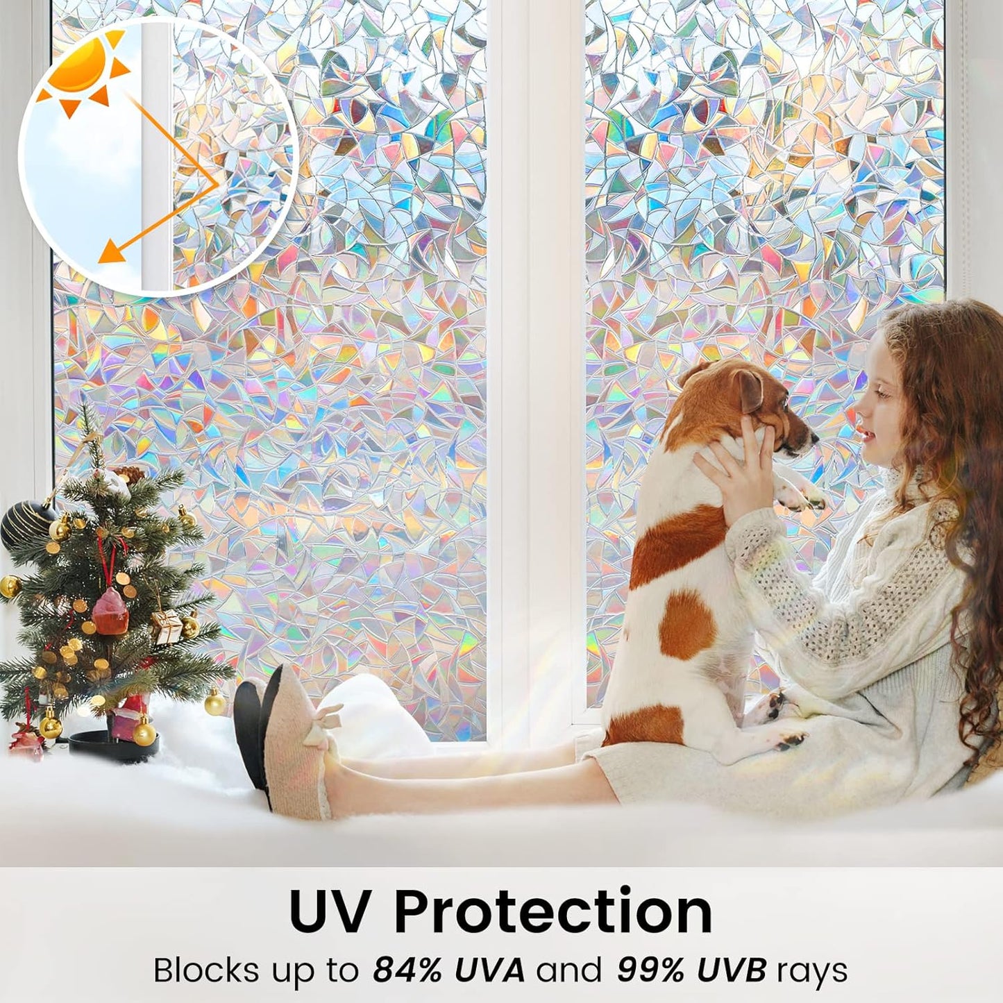 DOWELL Window Privacy Film, Rainbow Window Film, Decorative Stained Glass Clings, Static Cling Door Sticker, Non-Adhesive 3D Decals for Home UV Protection, 17.5 x 78.7 inches