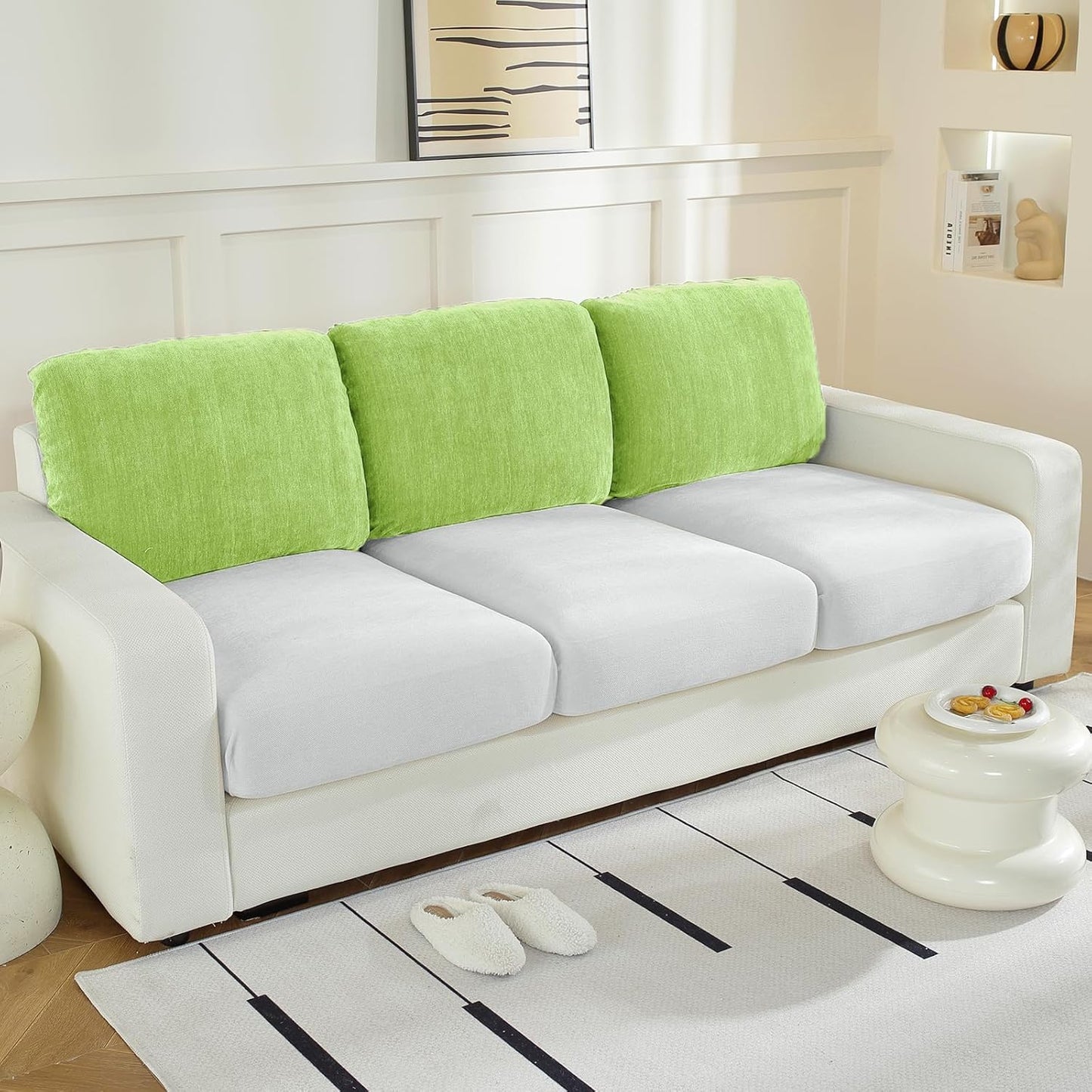 Large Backrest Cushion Covers Super Stretch Backrest Covers for 3 Cushion Couch Sofa, Couch Back Cushion Covers Featuring with Chenille Yarn (Softer Version, 3PC, Green)