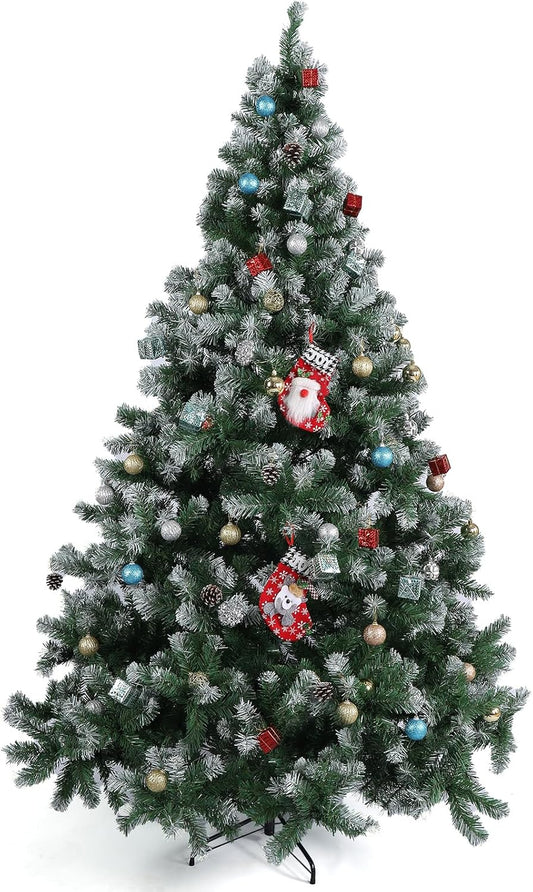 olelo 7.5 ft Artificial Christmas Tree, Snow Flocked Xmas Tree with 500 Lights, 1200 Branch Tips, 60 Decorative Pendant & 3 Decorative Socks, Metal Hinges & Foldable Base