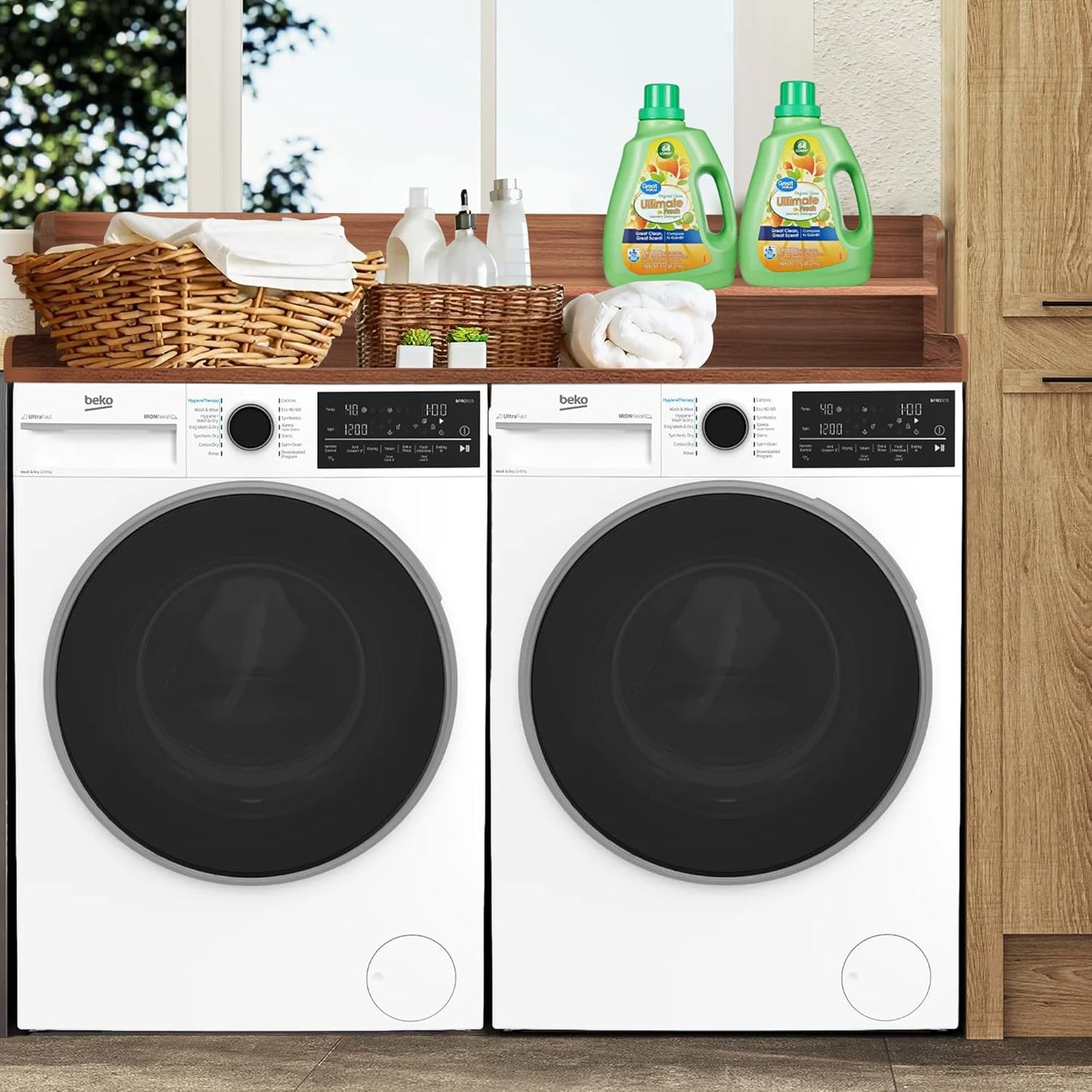 Royxen Laundry Countertop with 2-Tier Shelf Universal Fit, Washer and Dryer Countertop with Storage Space, Shelf Height 11.5 Inches, Walnut Color