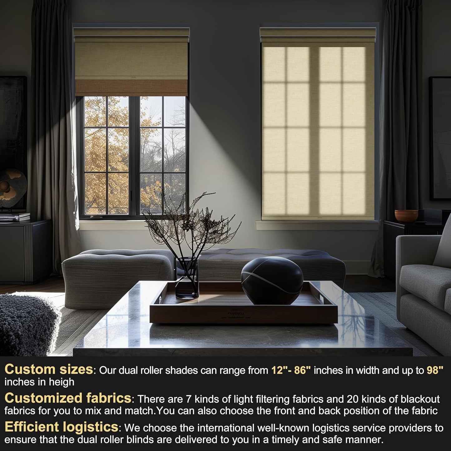 BERISSA Cordless Dual Roller Shades with Cassette Valance, Double Window Shades - Blackout and Light Filtering, Day and Night for Home Office Door - Linen Beige - 30 W x 44" H