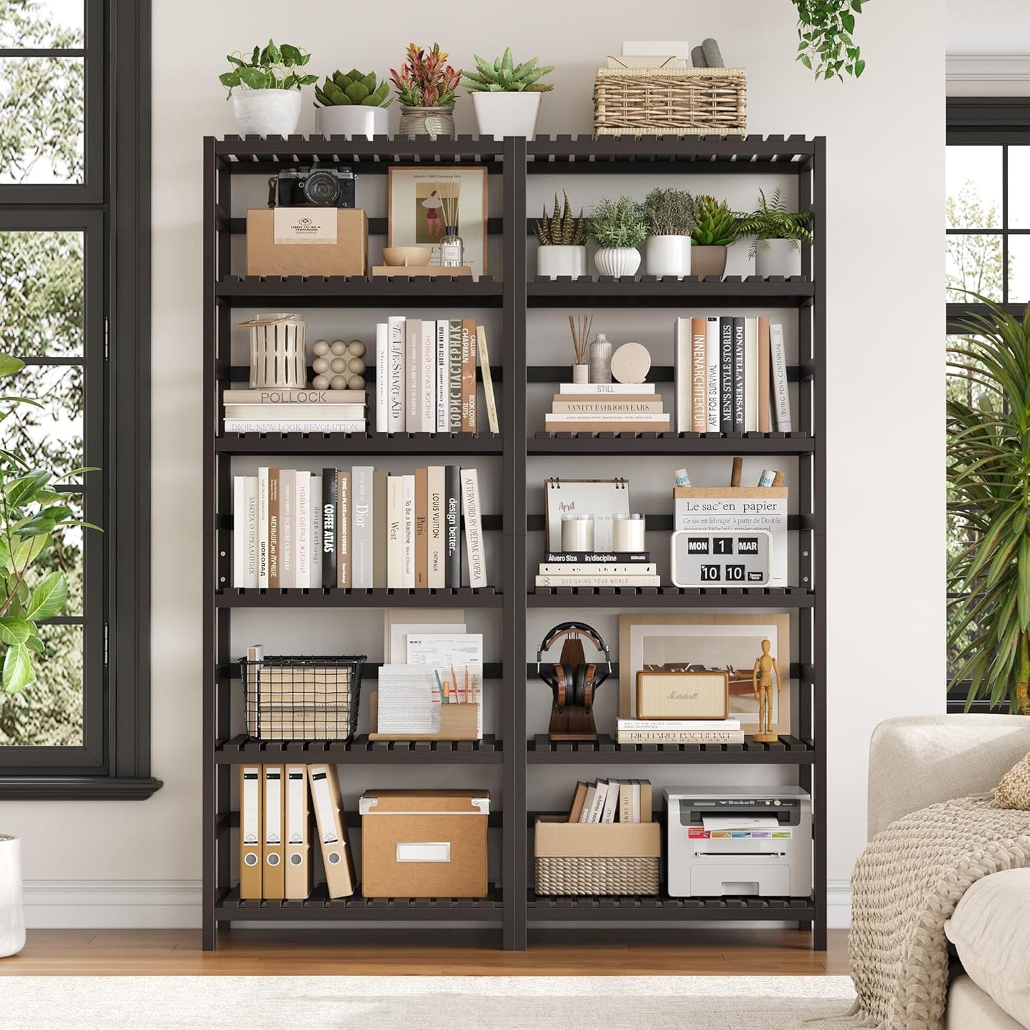 FOTOSOK 6-Tier Bamboo Shelf, Bamboo Bookcase with Adjustable Shelves, Free Standing Storage Shelf Unit, Plant Flower Stand for Kitchen, Bathroom, Home Office, Vintage