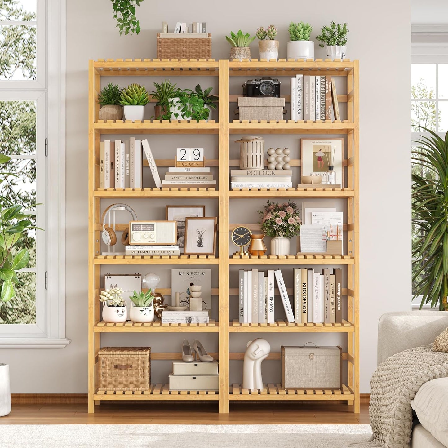 FOTOSOK 6-Tier Bamboo Shelf, Bamboo Bookcase with Adjustable Shelves, Free Standing Storage Shelf Unit, Plant Flower Stand for Kitchen, Bathroom, Home Office, Natural