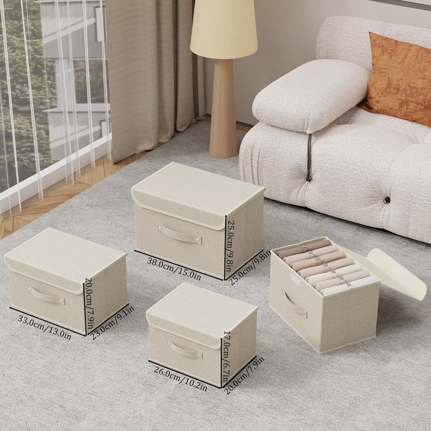 Fabric Storage Bins Cube Organizers with Flip-Top Lid and Handles,Storage Boxes for Organizing Home,Office,and Closet,Grey and Beige,3 Pack 13 X 9.1 X 7.9 in
