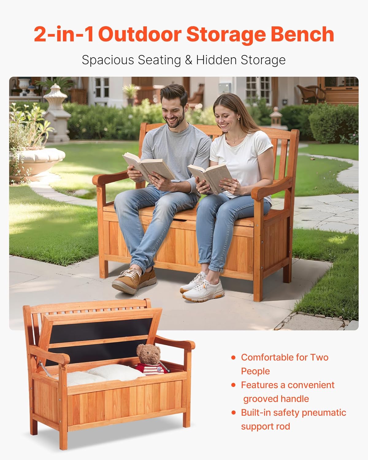 VEVOR Outdoor Storage Bench, 2-Person Wooden Storage Bench, 33 Gallons Deck Box with Side Handle, Supports up to 705 lbs, Weatherproof Outdoor Seating & Porch Decor, for Patio Garden Balcony Yard