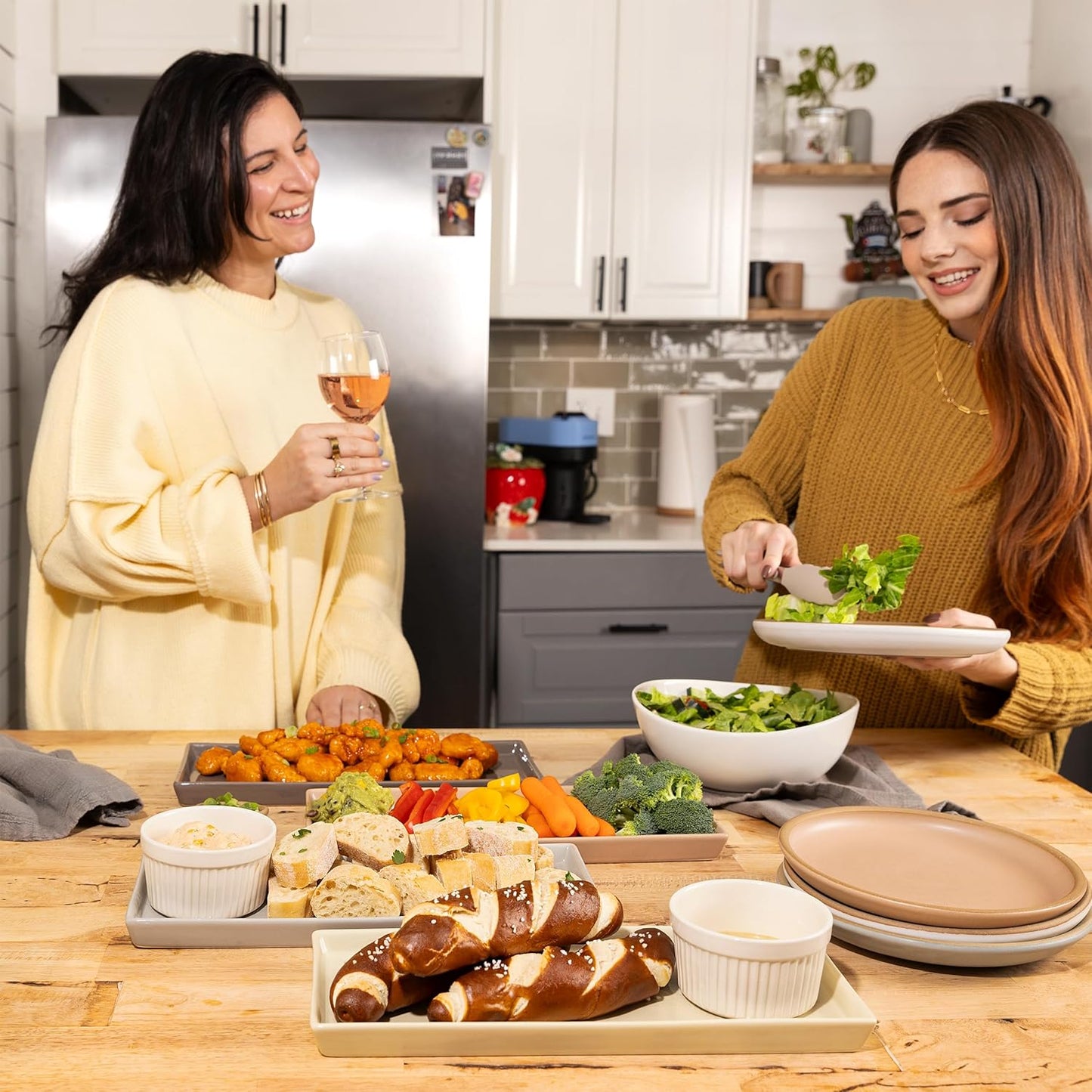 Home Beets Neutral Colored Ceramic Serving Platters (14 x 6 Inch Rectangle Plates) Serving Dishes for Entertaining, Food, Appetizers, Desserts, Cheese Board, Charcuterie, Sushi - Set of 4 Party Trays
