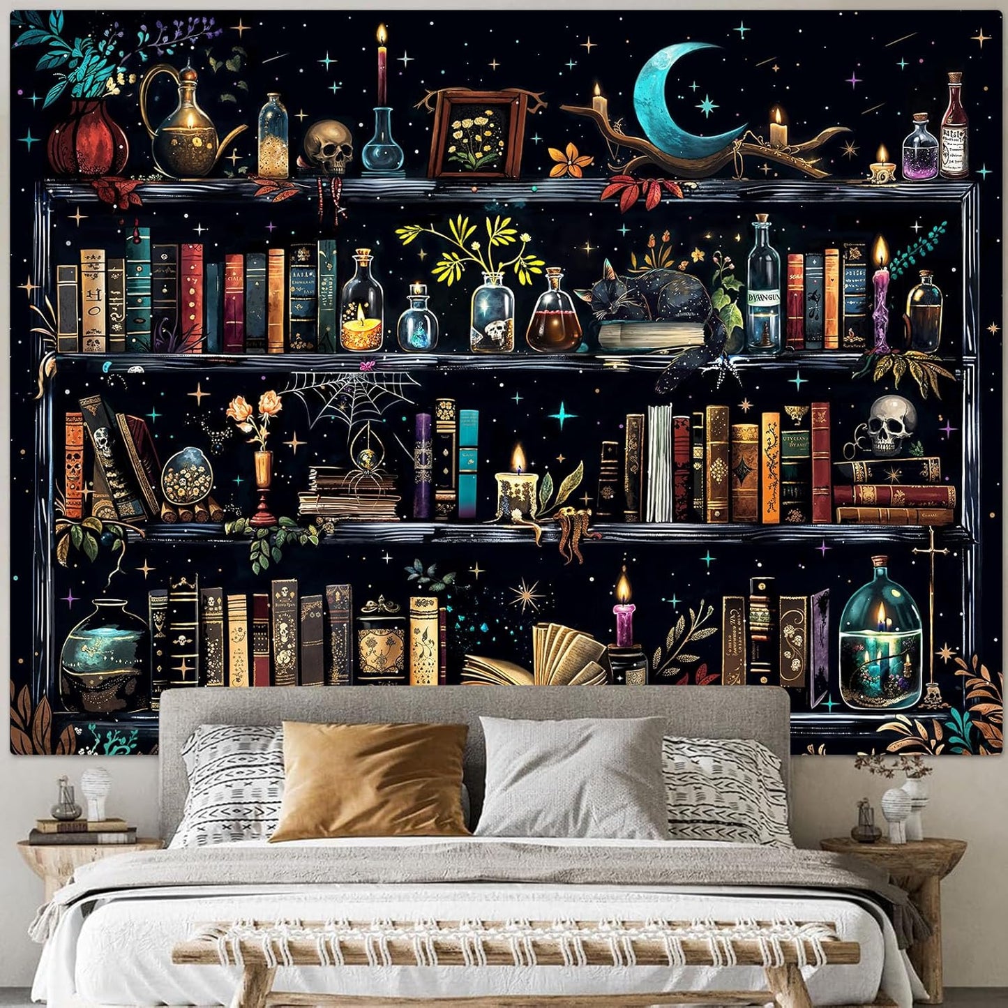 Accnicc Magic Bookshelf Tapestry Magical Witchy Potion Dark Hippie Haloween Tapestries Wall Hanging Gothic Skull Black Cat Library Book Large Tapestry for Bedroom Living Room Dorm 90 x 68 inch