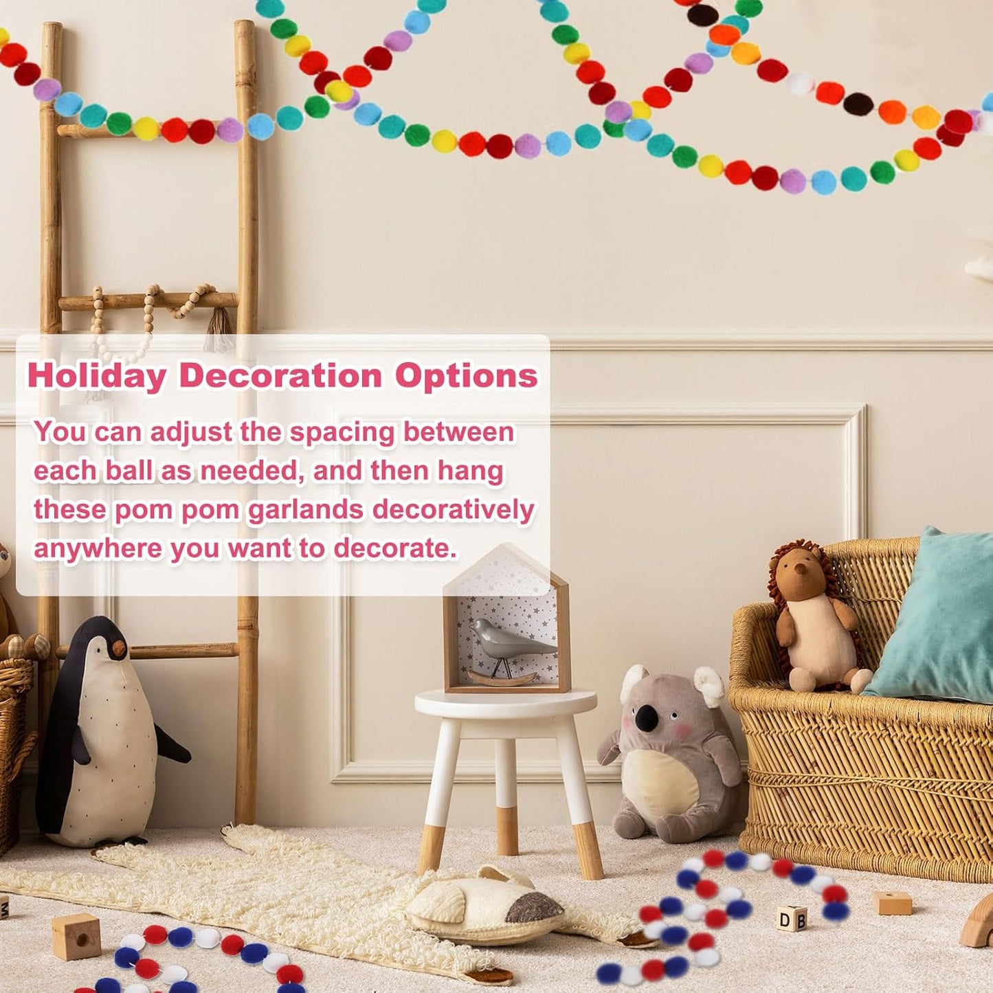 PATIKIL 13Ft Pom Pom Garland Decorations, 2Pcs Colorful Felt Ball Garland Banner Cute Rainbow Pompom Hanging Decorations for Tree Ornaments Homes Decor, Red/White