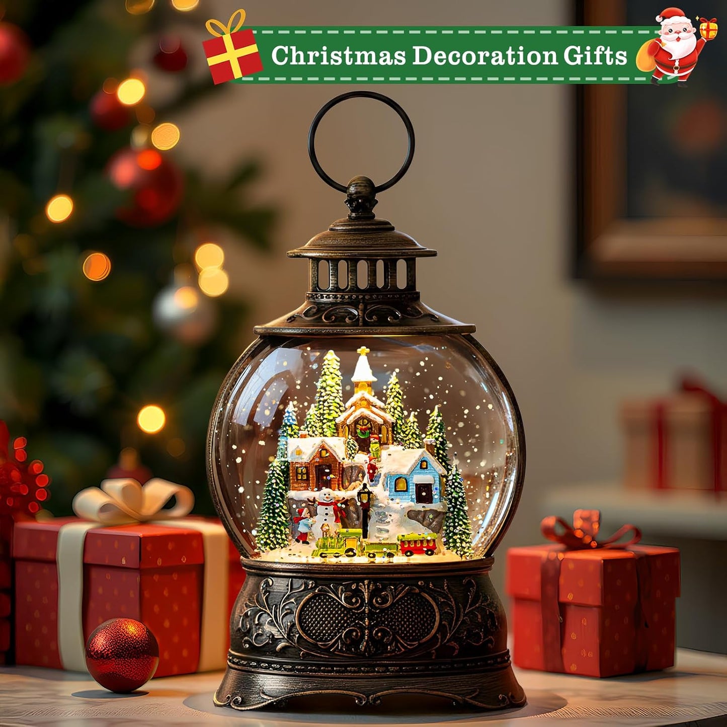 Christmas Snow Globes Christmas Water Lantern with Snowy Train Snowman, Music & 6H Timer, USB Lined/Battery Operated Lighted Lanterns for Xmas Festival Decoration Gifts