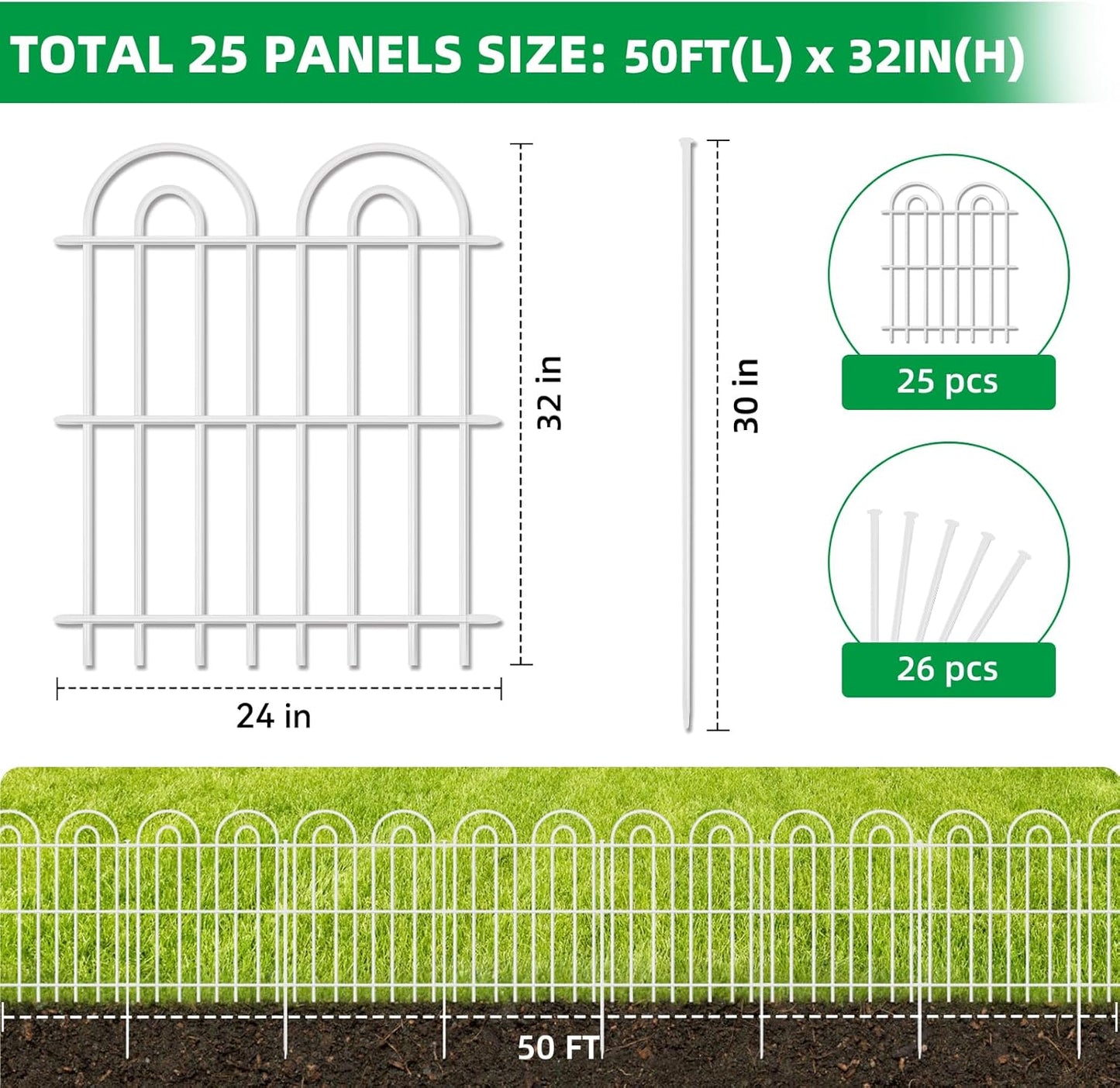 25 Panels Decorative Garden Fence, 32 in(H) X 50 ft(L) No Dig Dog Fence Outdoor for Yard, Rustproof Tall Metal Garden Fencing Animal Barrier with Ground Stakes, Temporary Fencing for Patio, White