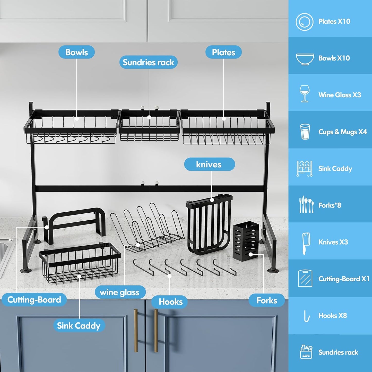 2 Tier Extra Large Stainless Steel Expandable Over The Sink Dish Drainer Drying Rack, Rust Proof Metal, Space Saving, Modern Black Big Capacity Extendable Plate Strainers Above Kitchen Counter