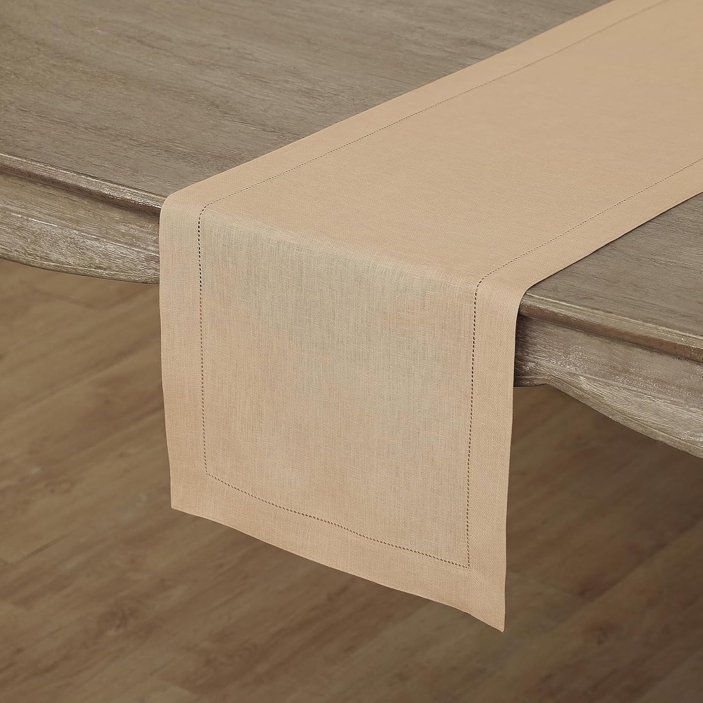Solino Home Linen Beige Table Runner 108 Inches Long - 100% Pure Linen 14 x 108 Inch Table Runner for Fall, Autumn, Thanksgiving - Classic Hemstitch