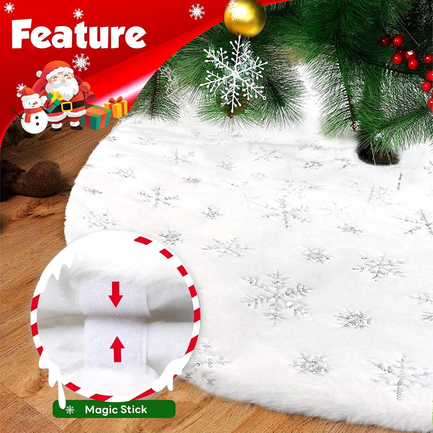 Christmas Tree Skirt 48 Inch, Holiday Part Decorations for Christmas Tree, Whit Plush Sliver Sequin Snowflake Tree Shirt for Xmas