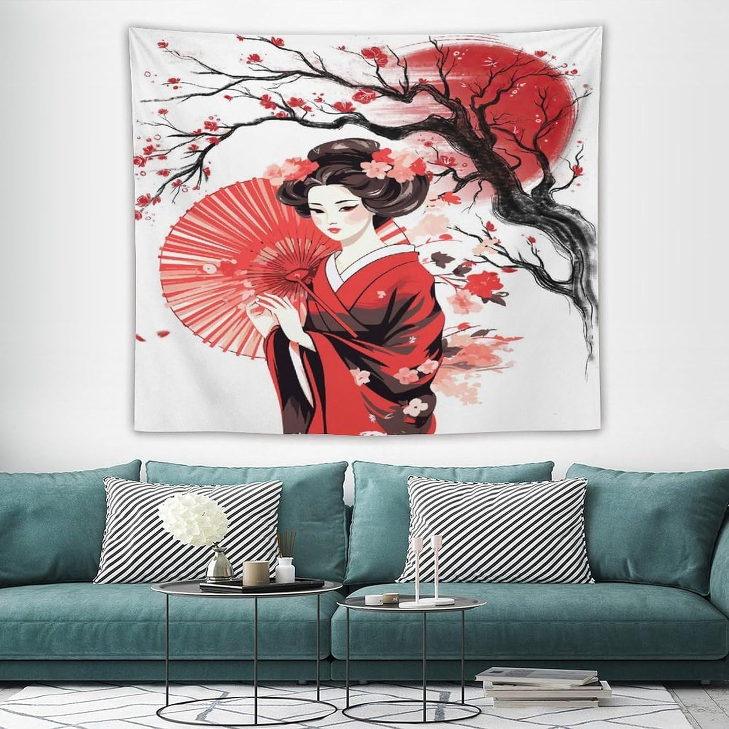 Japanese Red Geisha Tapestry Asian Cherry Blossom Traditional Kimono Folk Tapestries Home Decor for Living Room Bedroom Apartment Farmhouse Dorm 60"x50"