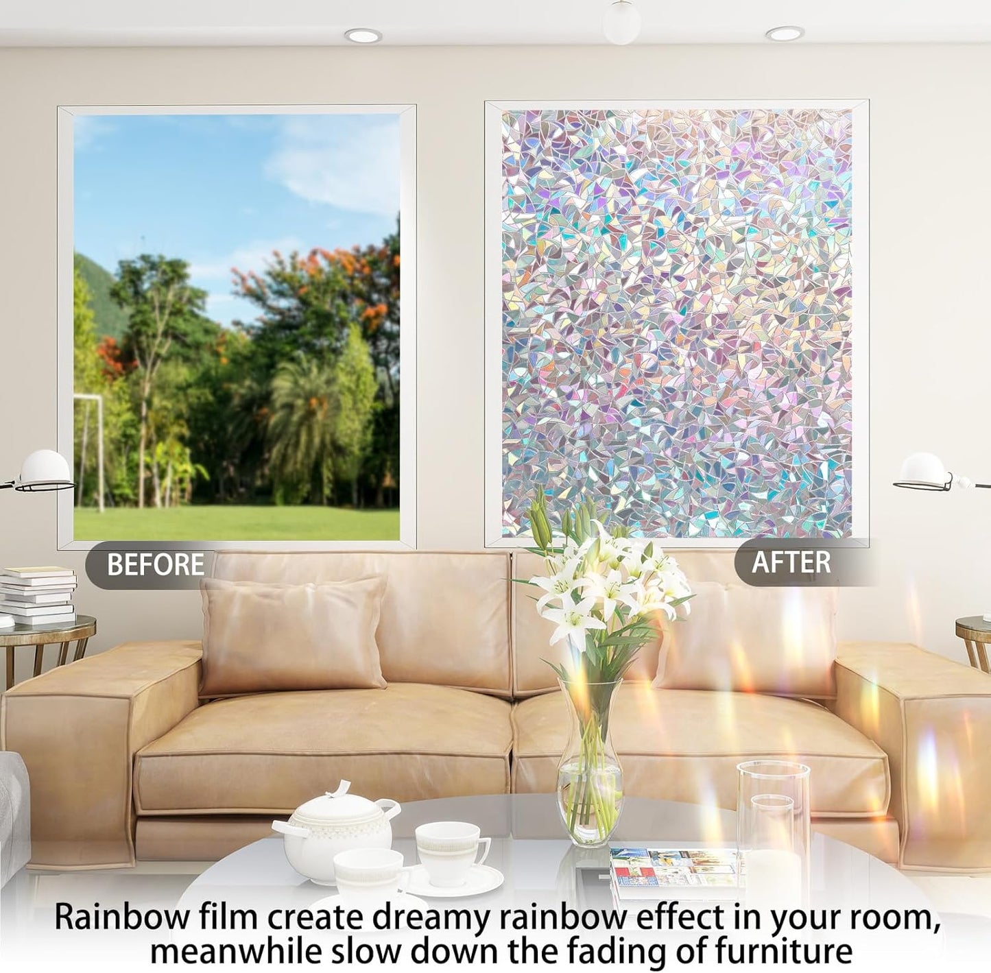 Rainbow Window Privacy Film 3D Decorative Stained Glass Window Film Anti UV Non-Adhesive Reusable 17.5" x 78.7" for Home Room Car Glass Cling
