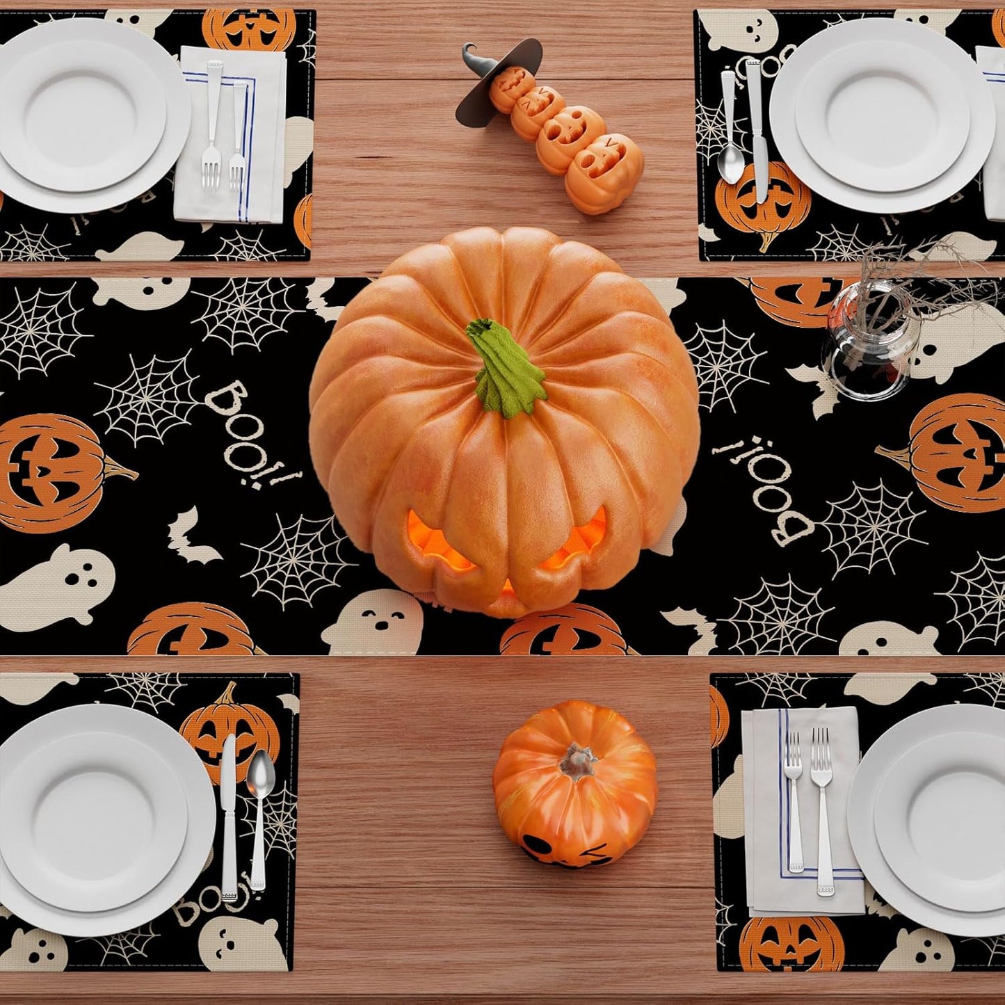 XCHI Boo Spooky Ghost Pumpkin Halloween Table Runner Burlap Table Decoration for Home Kitchen Dining Dinner Indoor Holiday Farmhouse Decor 13x120 Inch