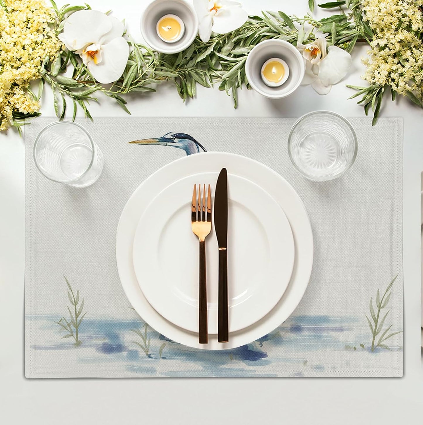 Coastal Placemats Set of 4 Summer Ocean Heron Place Mats 12x18 Inch Nautical Beach Sea Bird Pelican Table Mat Heat Resistant Non Slip Washable Linen Fabric Kitchen Dining Placemat