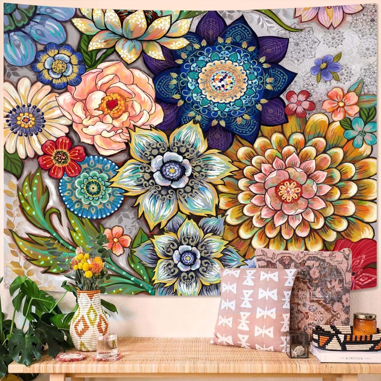 Neasow Colorful Floral Tapestry Wall hanging, Bright Boho Fabric Blossom Tapestries, Multi Color Tapestry for Bedroom Home Hippie Wall Decor 36×48 inch