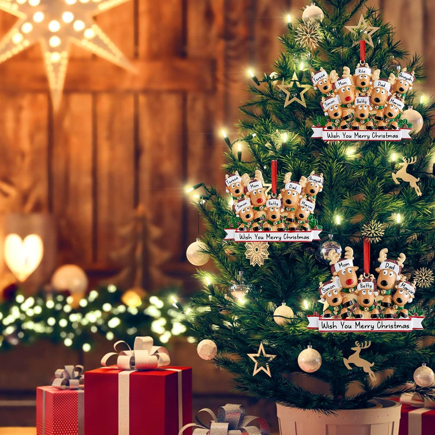 Personalized Deer Christmas Ornaments 2025 Family of 2,3,4,5,6,7,8 Custom Name Reindeer Xmas Ornament with Text,Customized Christmas Decoration Gifts - Family of 4