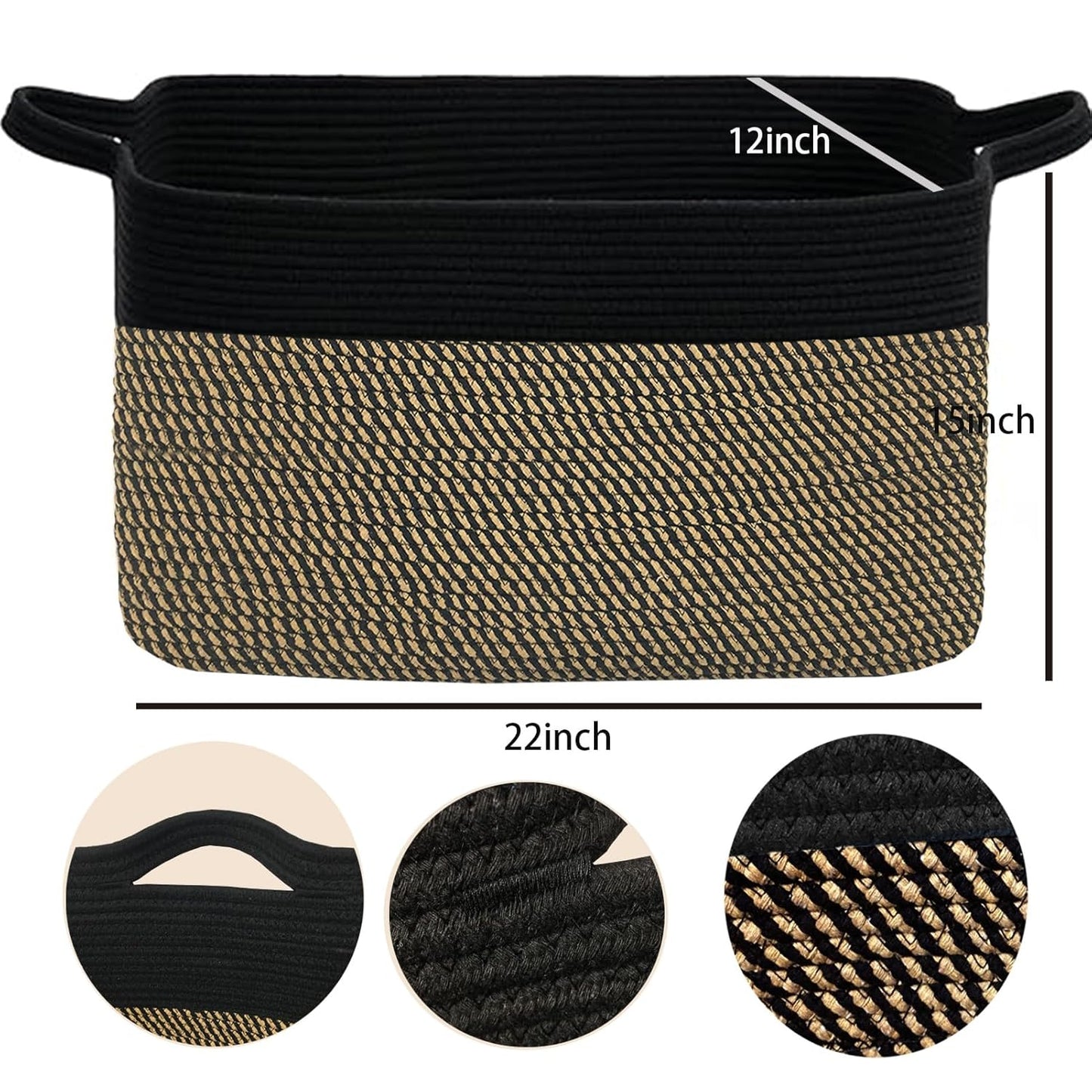 COMFY-HOMI Large Rectangular Blanket, Cotton Rope Woven for Storage, LaundryHamper, Storage,Toy Organizing Bin with Handle, Organizer and Storage-22x15x12-Black/Jute