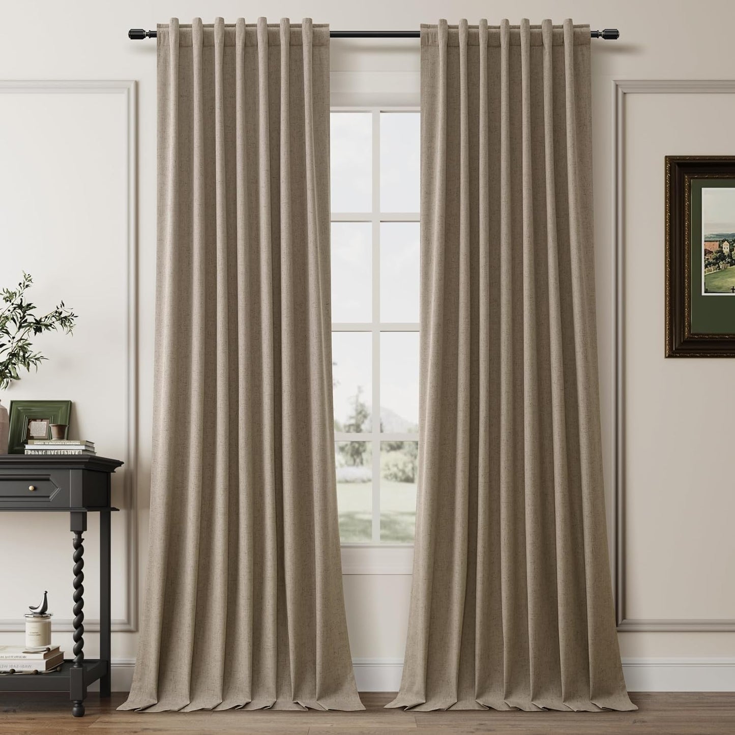 BOODII 108 Inch Black Out Curtains 2 Panels Set Back Tab Thermal Insulated Natural Linen Textured Blackout Curtains Noise Reducing Matcha Brown Neutral Living Room Darkening Window Drapes 52x108