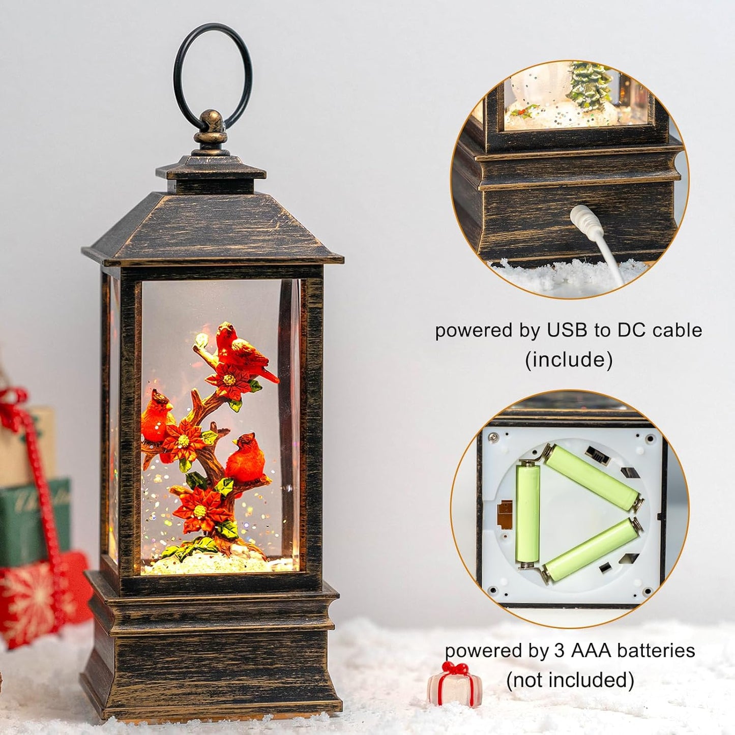 Christmas Snow Globe Lantern Indoor Decor Cardinal with Music,6H Timer,USB Lined/Battery Operated Lighted Lantern for Christmas Festival Decoration Giftsts