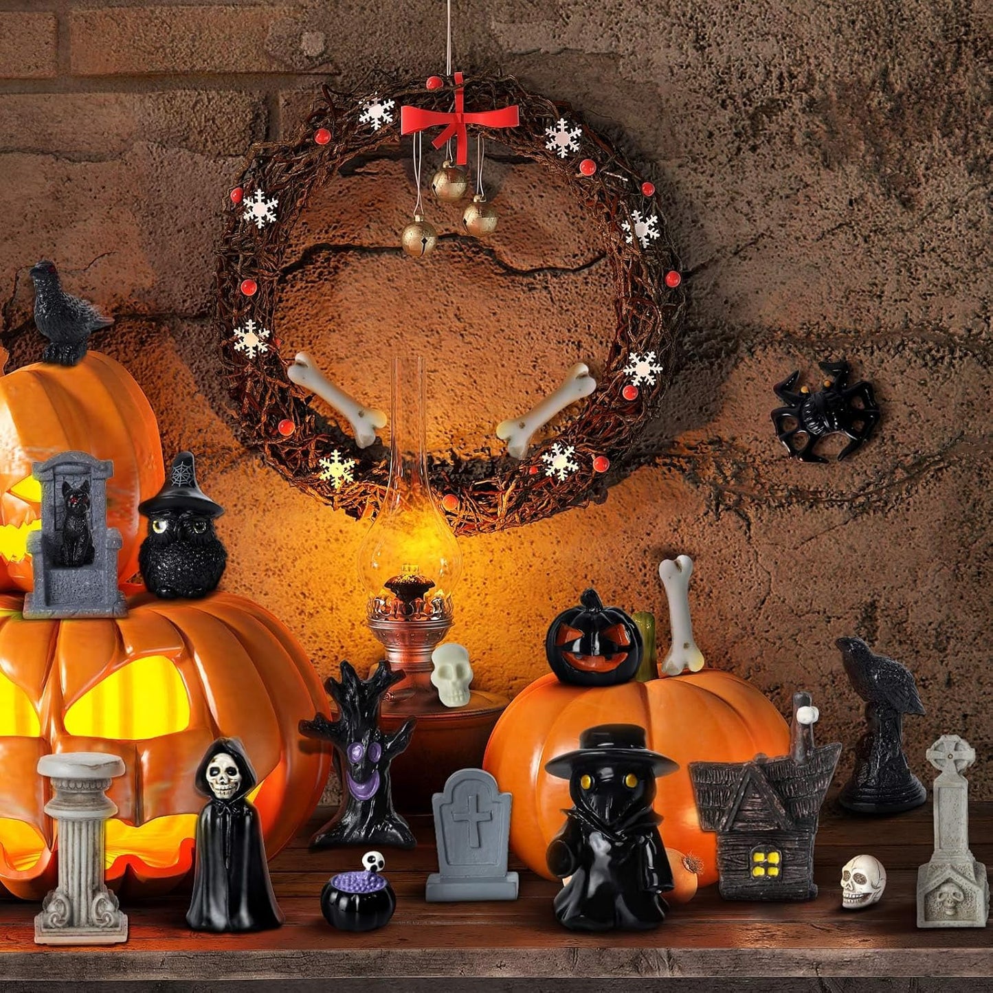 40Pcs Halloween Miniatures for Crafts Mini Figurines Skull Heads Resin Tombstones Skeleton Ornaments Halloween Fairy Garden Decor Horror Village Collections Dollhouse Accessories Decor ﻿