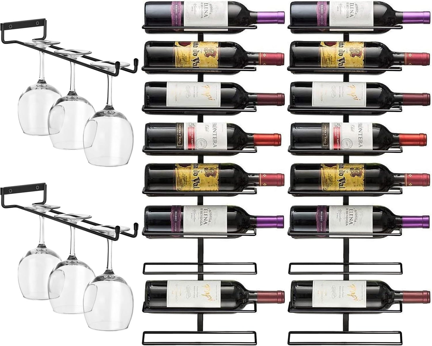 Sorbus Wall Mount Wine Rack + Under Cabinet Wine Glass Holder Set - Wine Rack Wall Mounted for Wine Bottles, Champagne, and Wine Glasses - Complete Your Home Bar & Wine Kitchen Storage, 2 Pack