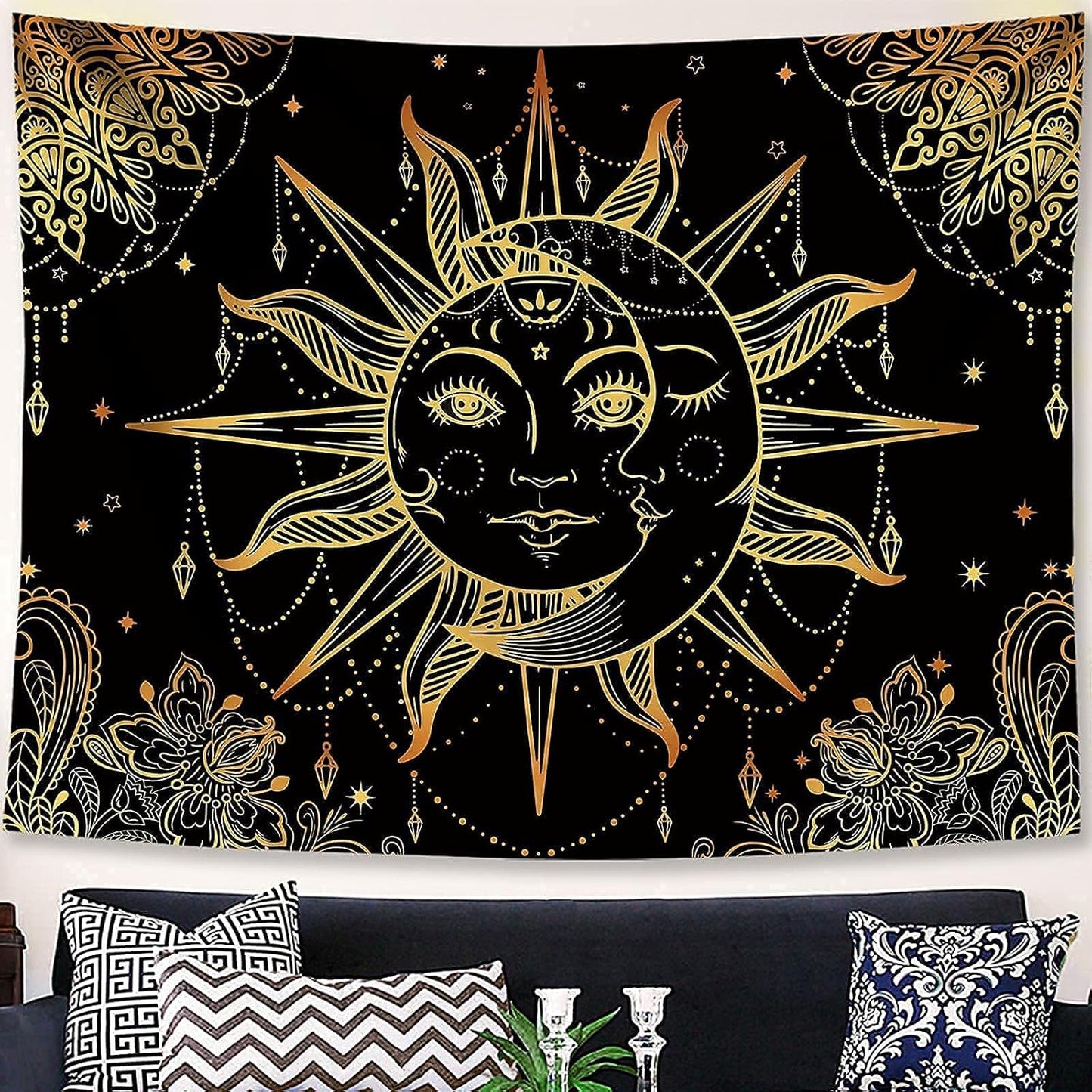 Lunerfex Hippie Sun and Moon Tapestry Bohemian Tapestry Aesthetic Cute Tapestries for Bedroom and Living Room Decor Sun 60×80 Inches