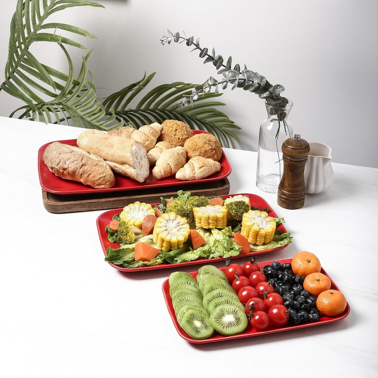 Vicrays Ceramic Rectangle Serving Platters - 14" 12" 10" Porcelain Serving Trays Plates for Party BBQ Appetizers Sushi Dessert - Microwave Oven and Dishwasher Safe - Set of 3 Red