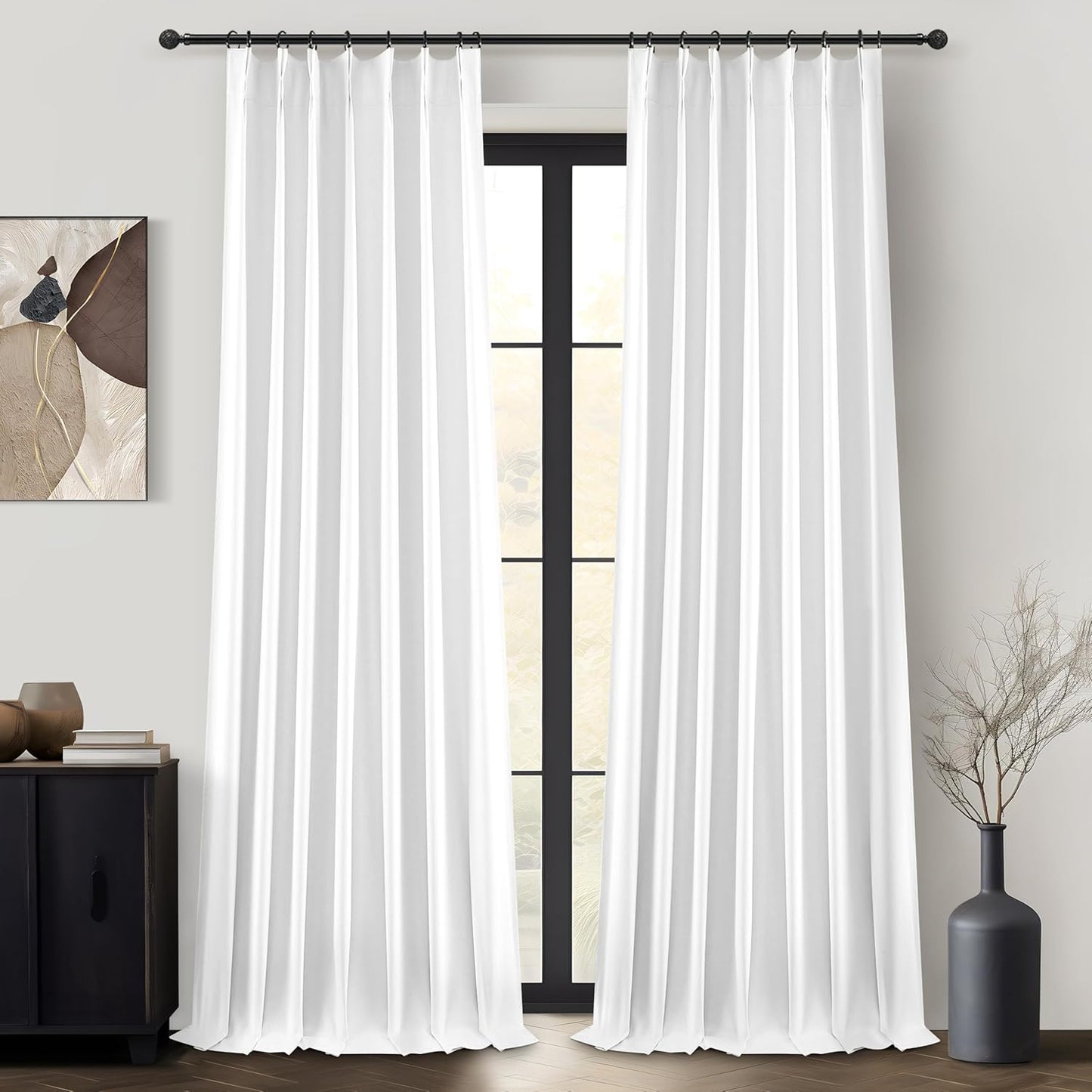 Unique Bright White Blackout Linen 92 Inch Curtains 2 Panels Set for Kids Room / Nursery, Rustic Farmhouse Pinch Pleated Insulated Drapes Room Darkening Privacy Burg for 90 - 92 Inches Large Windows