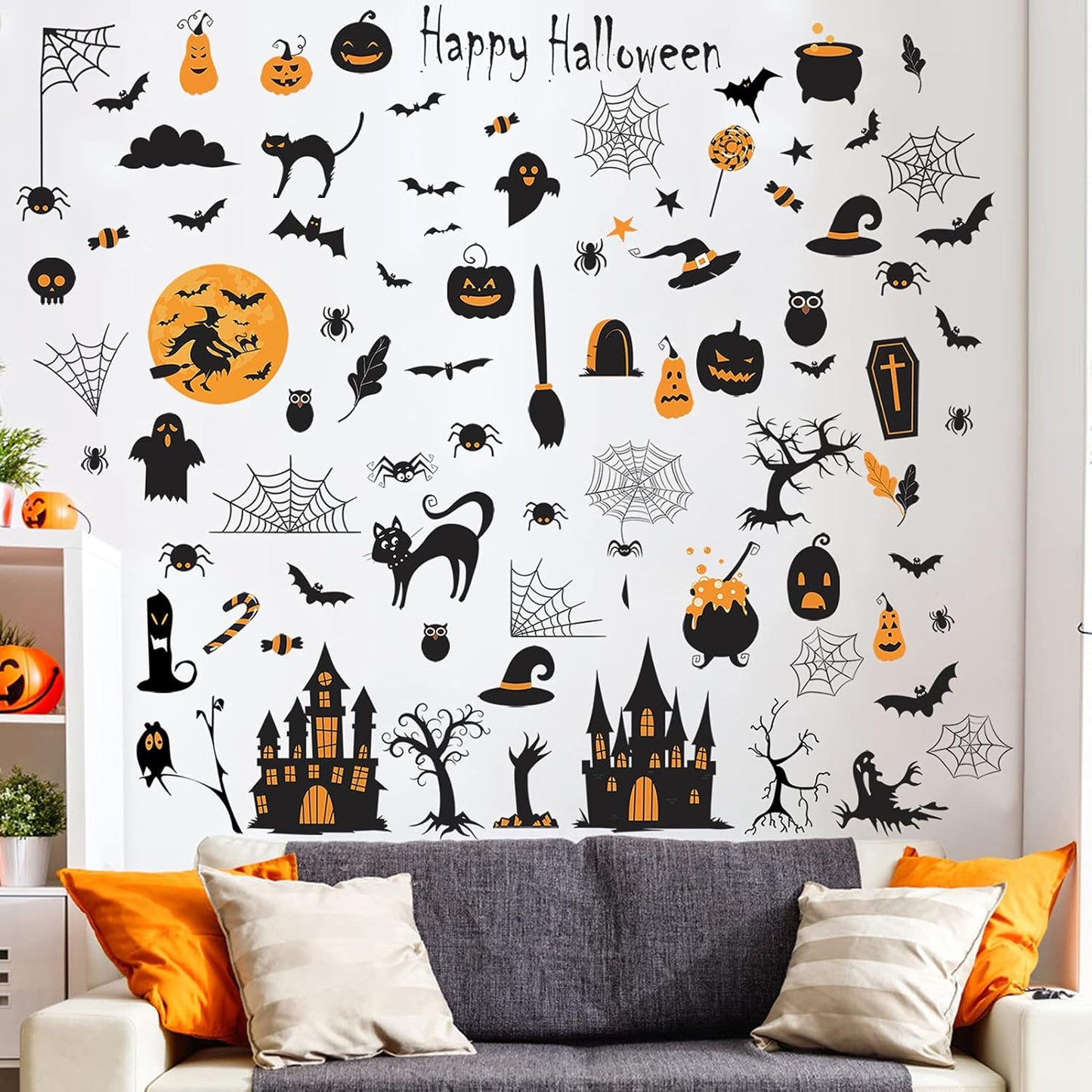 84 PCS Window Clings - Halloween Wall Stickers for Living Room, Pumpkins, Castles, Bats, Cats, Vampire, Witch Stickers, Household Decorative Murals, Party Supplies