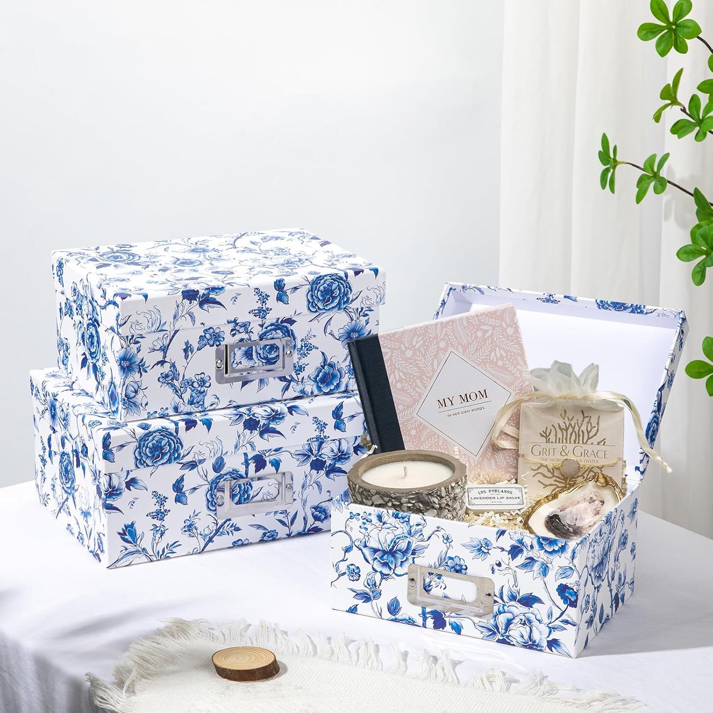 Briful Decorative Photo Storage Boxes with Lids, Set of 4 – Blue and White Porcelain Pattern, Nested Card Storage Box Organizer, Decorative Paperboard Box for Closet, Office, Gifts