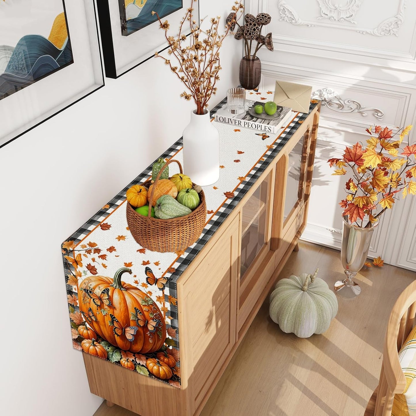 Linen Black and White Buffalo Check Plaid Fall Table Runner 48 Inches Long, Fall Leaves Pumpkin Butterfly Home Kitchen Table Decor, Farmhouse Autumn Thanksgiving Harvest Festival Decorations for Home